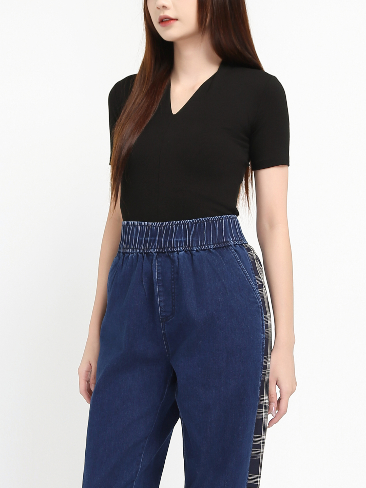 Waist Strechable Checker Denim Long Pant 20228