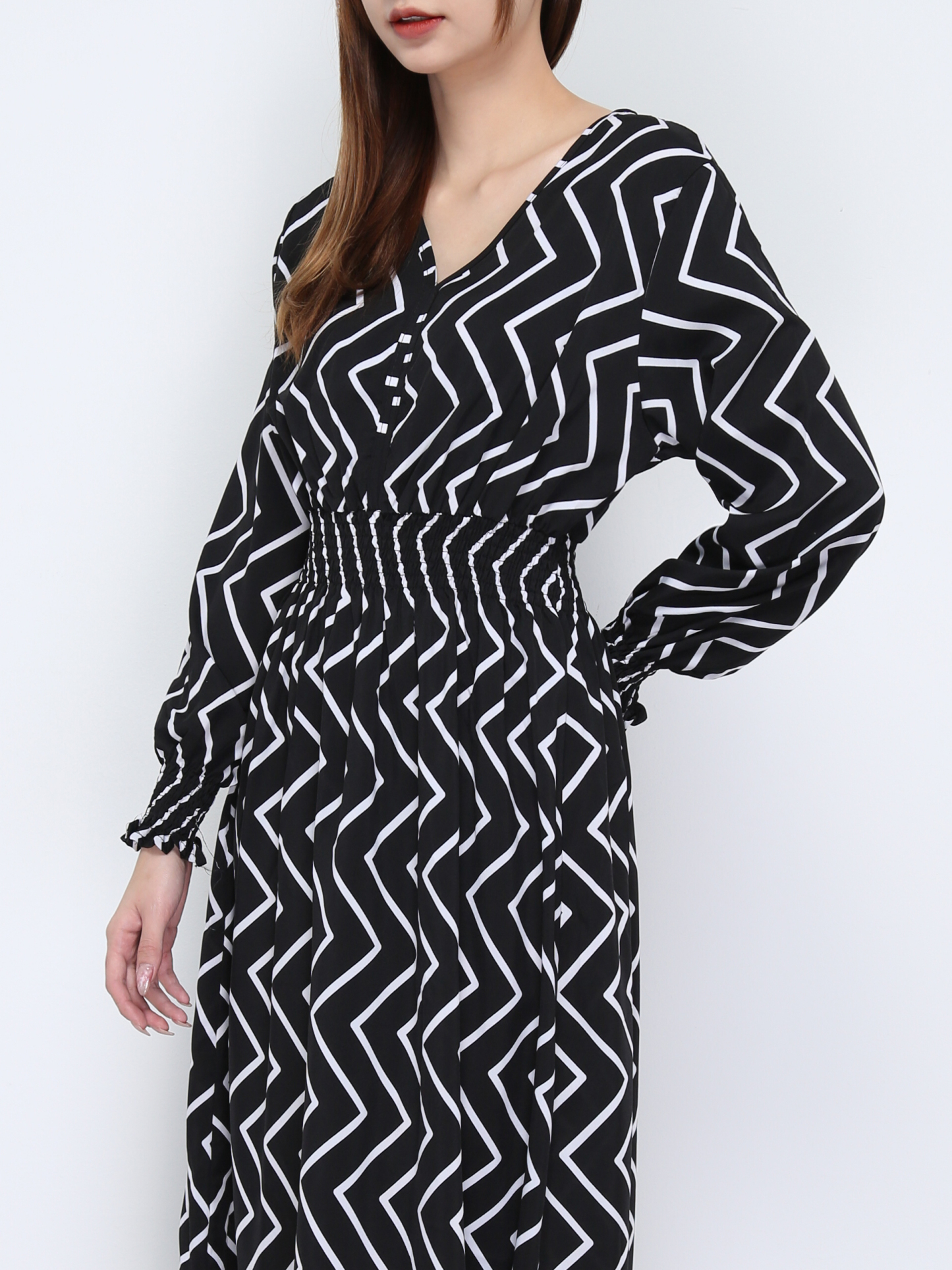 V Neck Cuff Sleeve Dress 21003