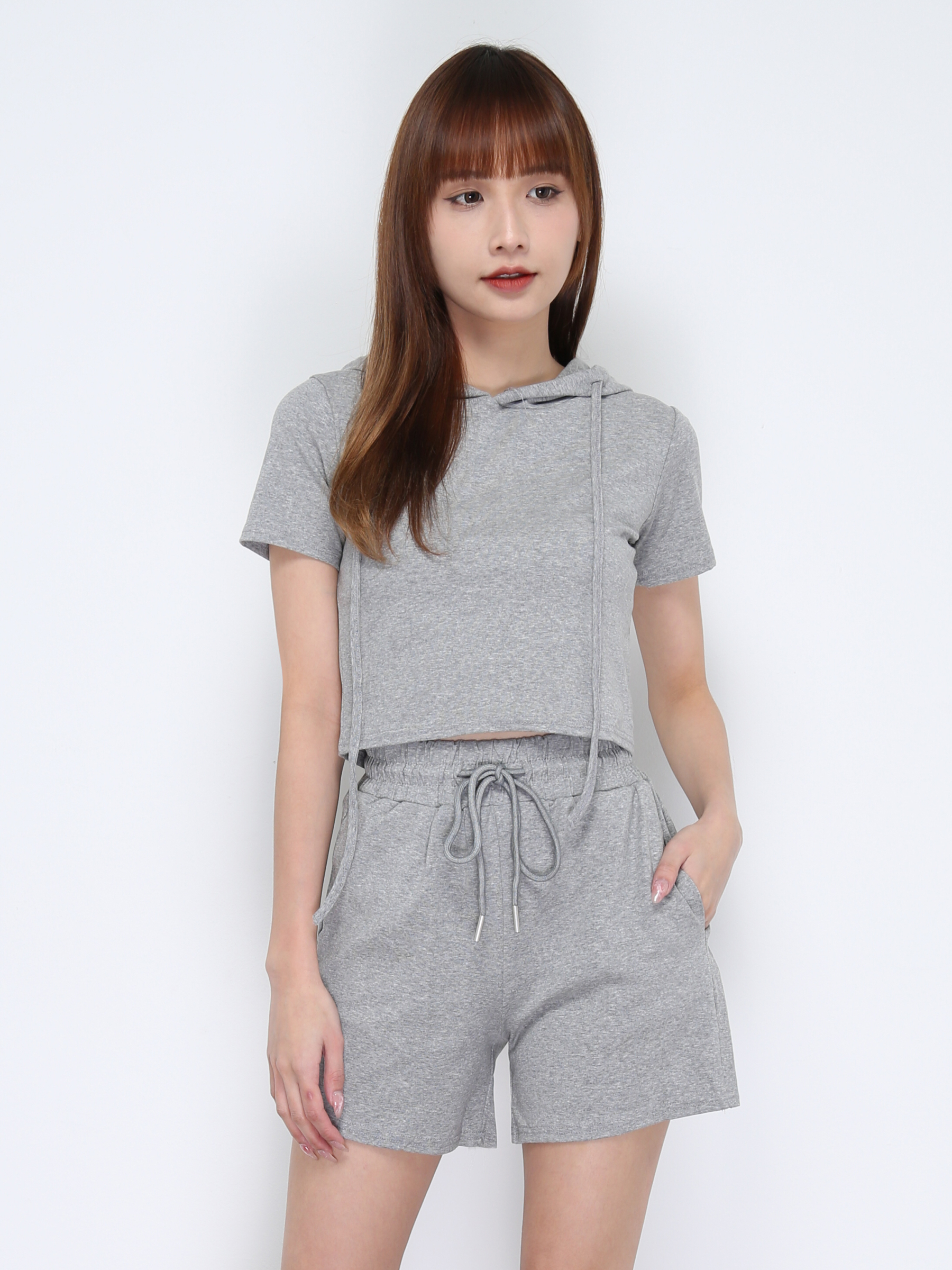 Plain Top With Cap And High Waist Short Pant Set 21035