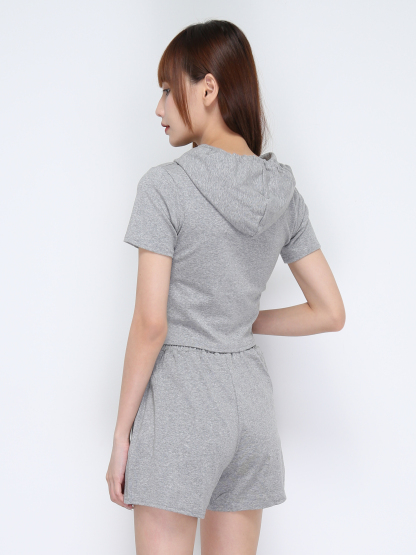 Plain Top With Cap And High Waist Short Pant Set 21035