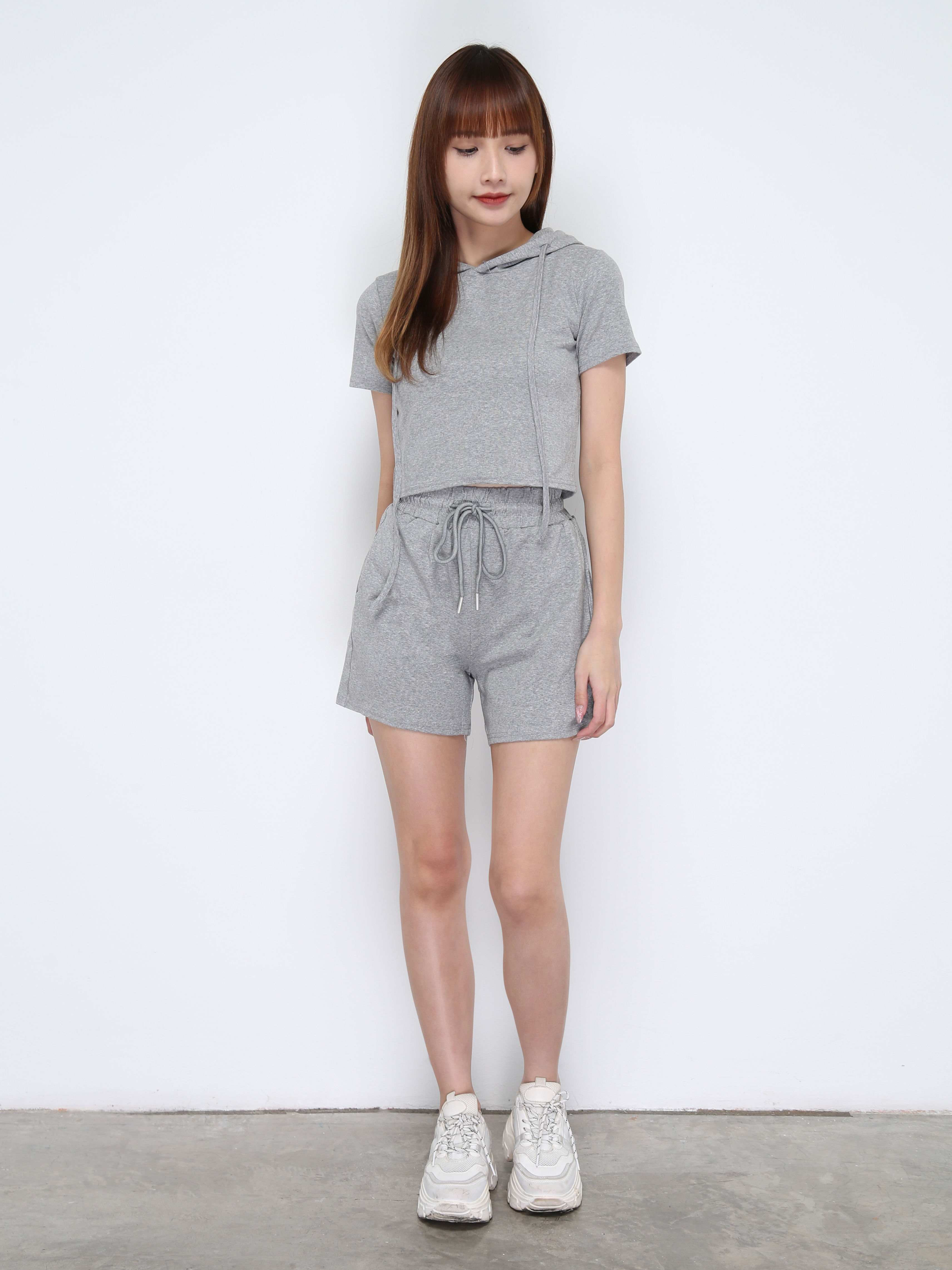 Plain Top With Cap And High Waist Short Pant Set 21035