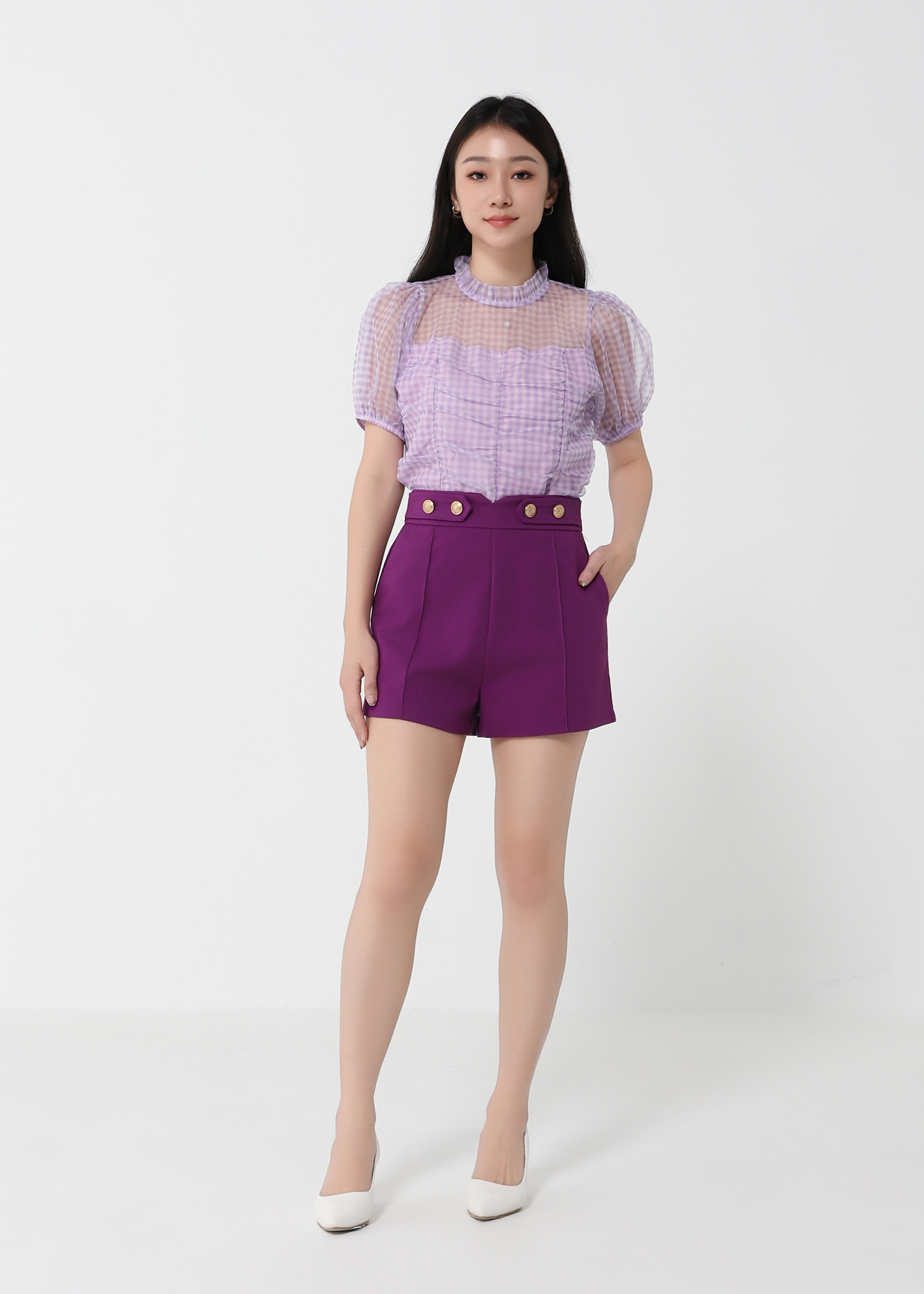 Checker Puff Sleeve Top 21086