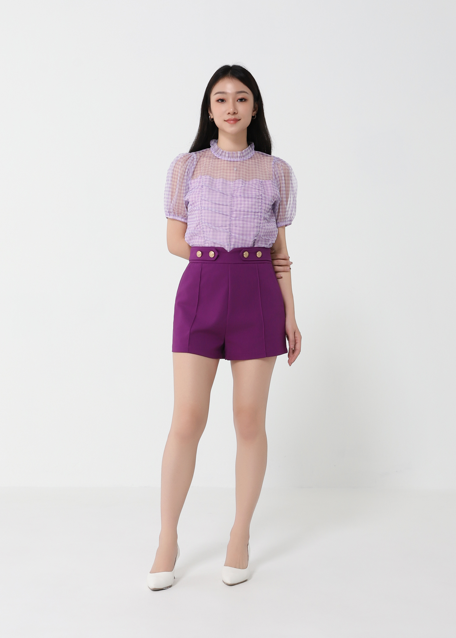 Checker Puff Sleeve Top 21086