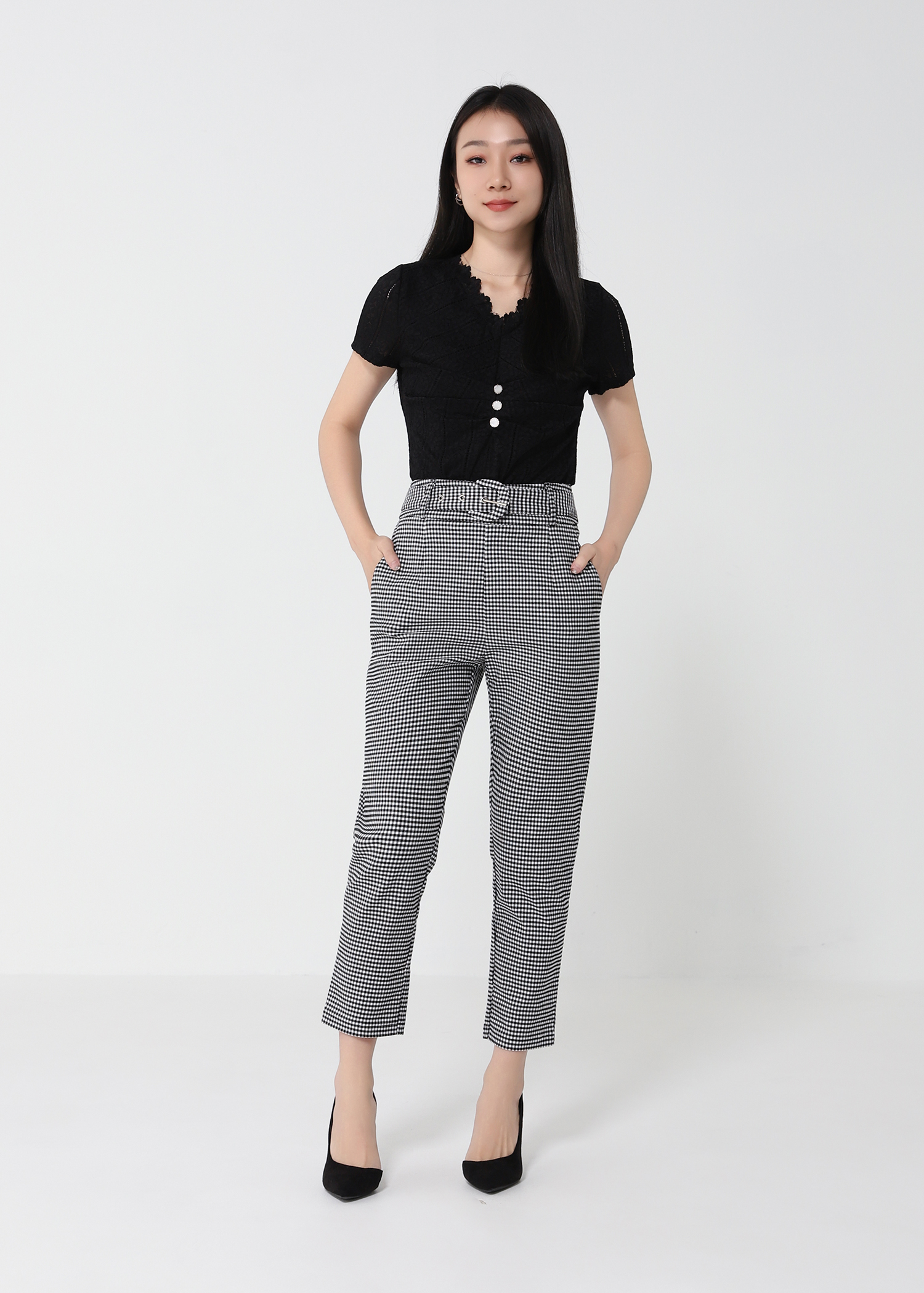 Checker Side Pocket With Belt Long Pants 21831
