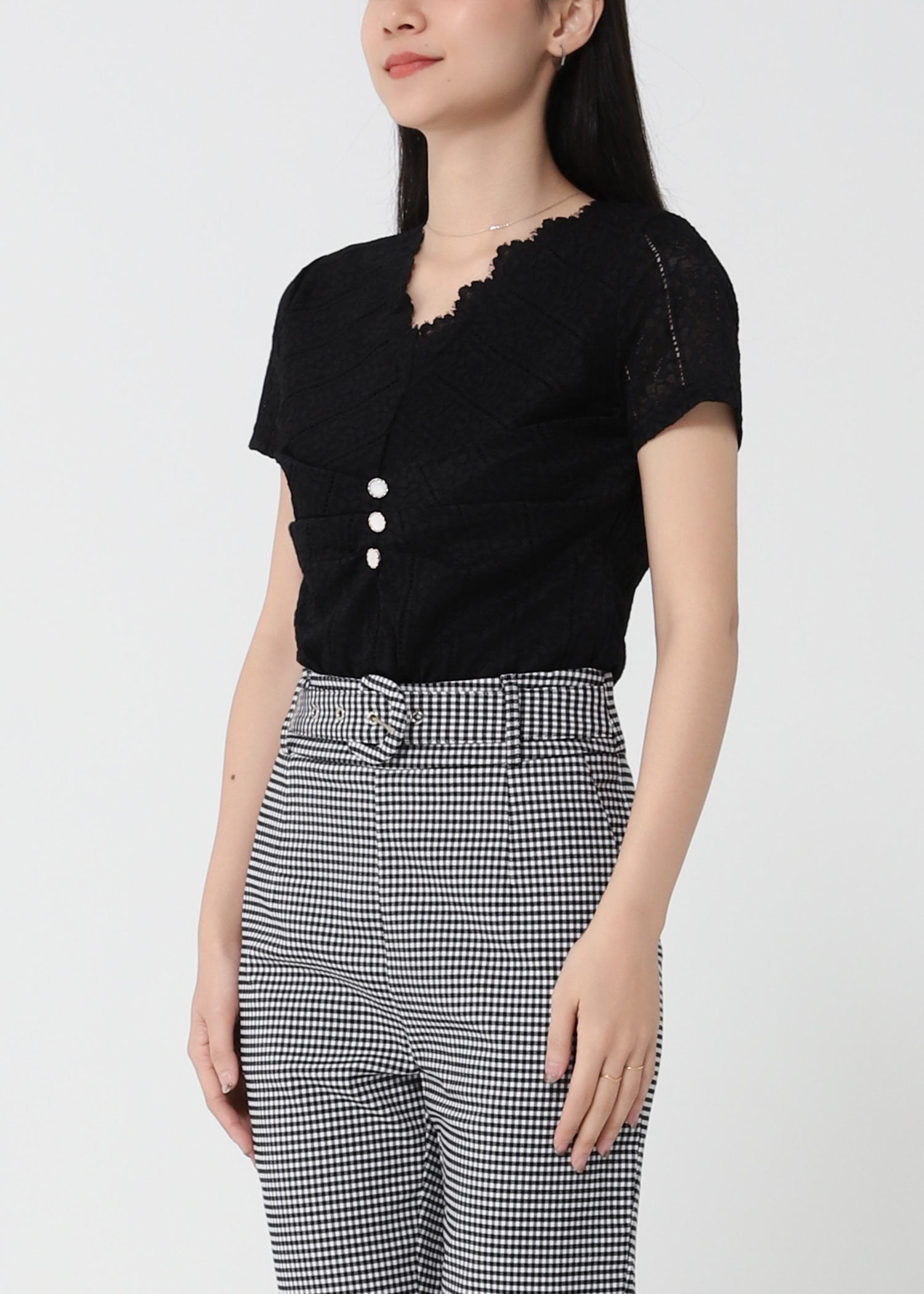 Checker Side Pocket With Belt Long Pants 21831