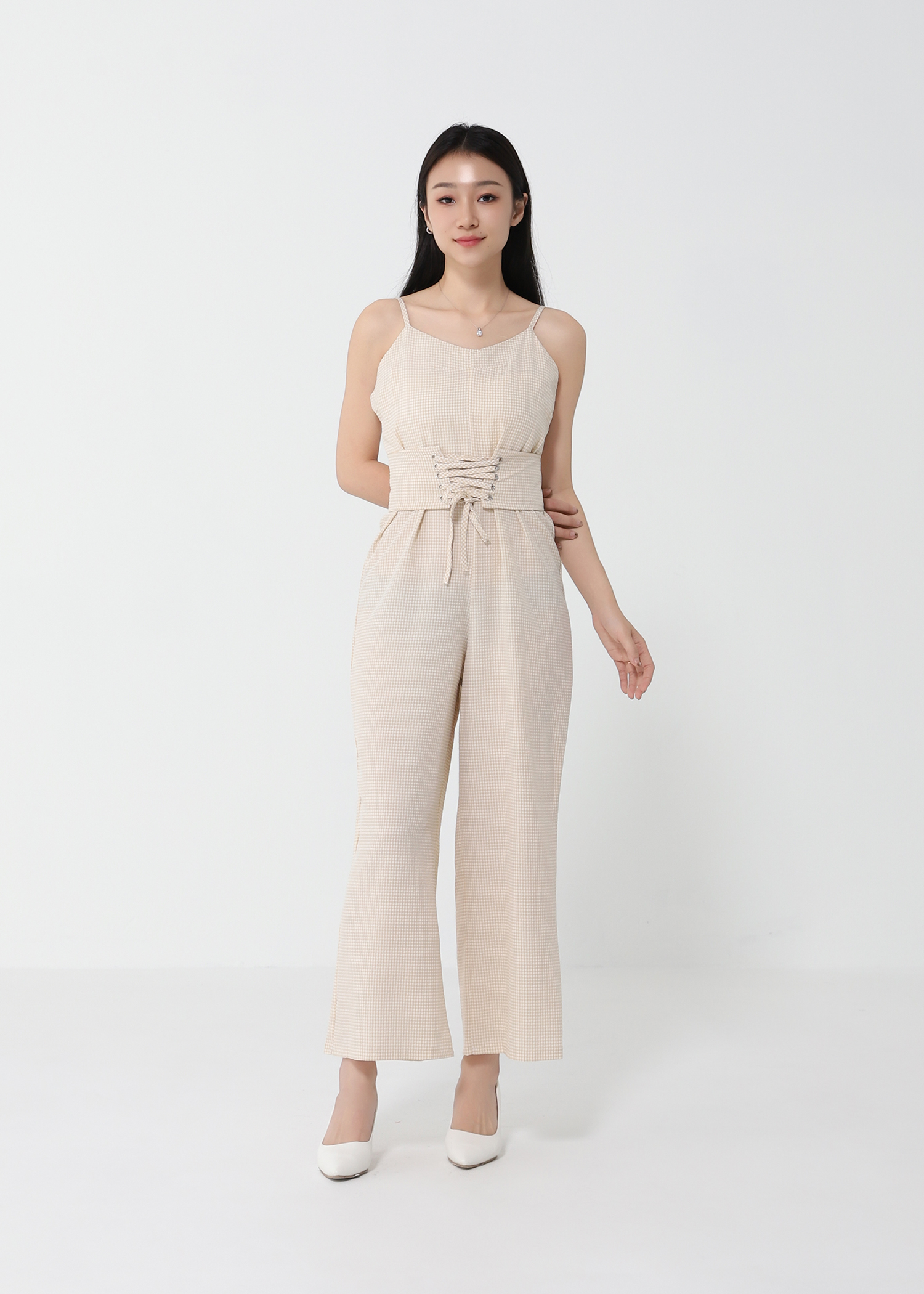 Checker With Waist Tie Up Belt Jumpsuit 21103