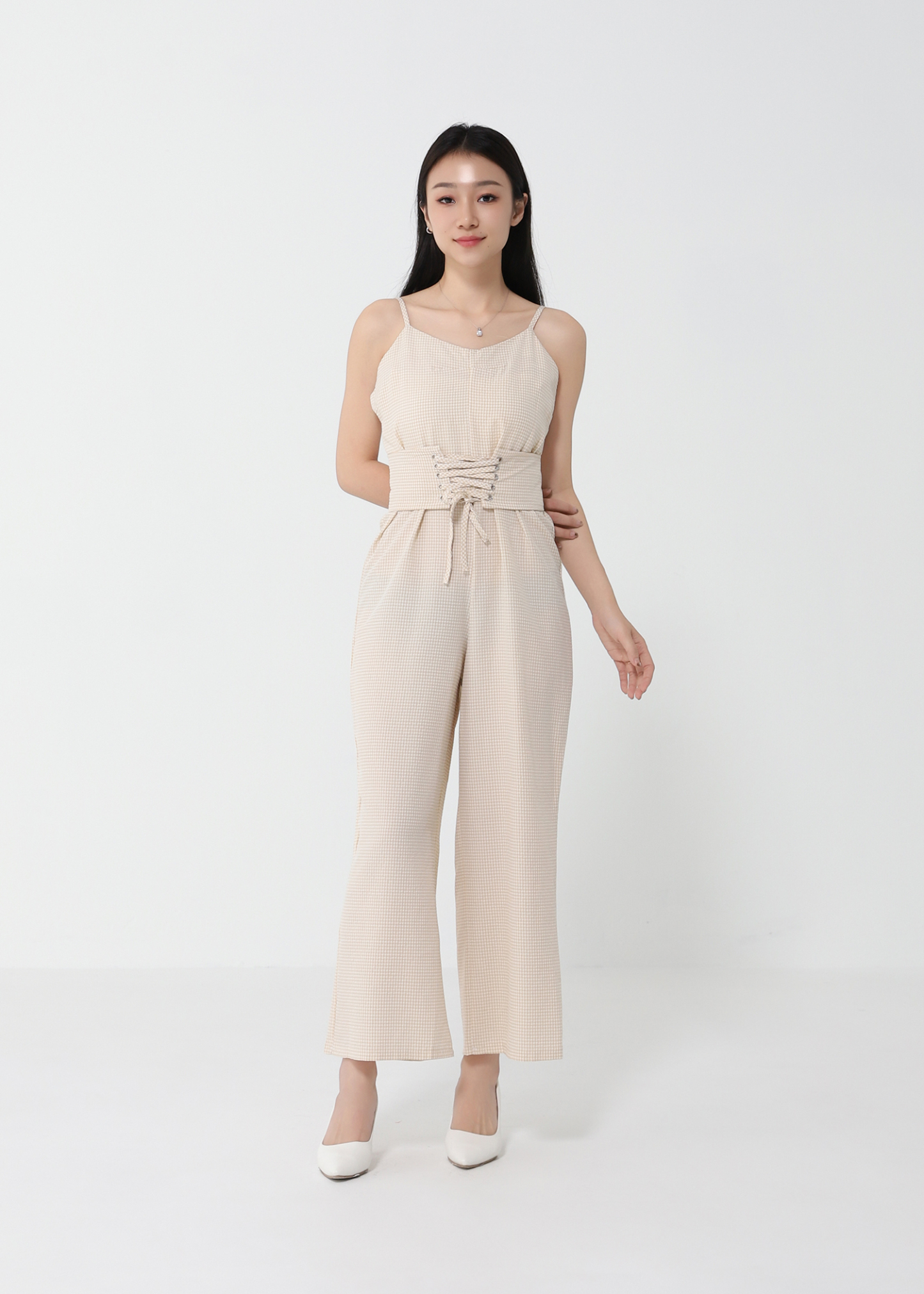 Checker With Waist Tie Up Belt Jumpsuit 21103