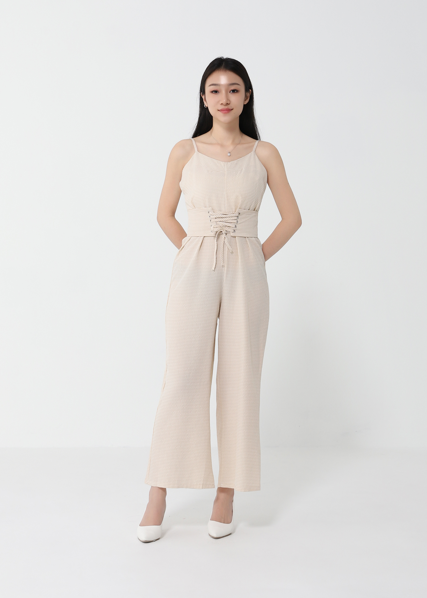 Checker With Waist Tie Up Belt Jumpsuit 21103