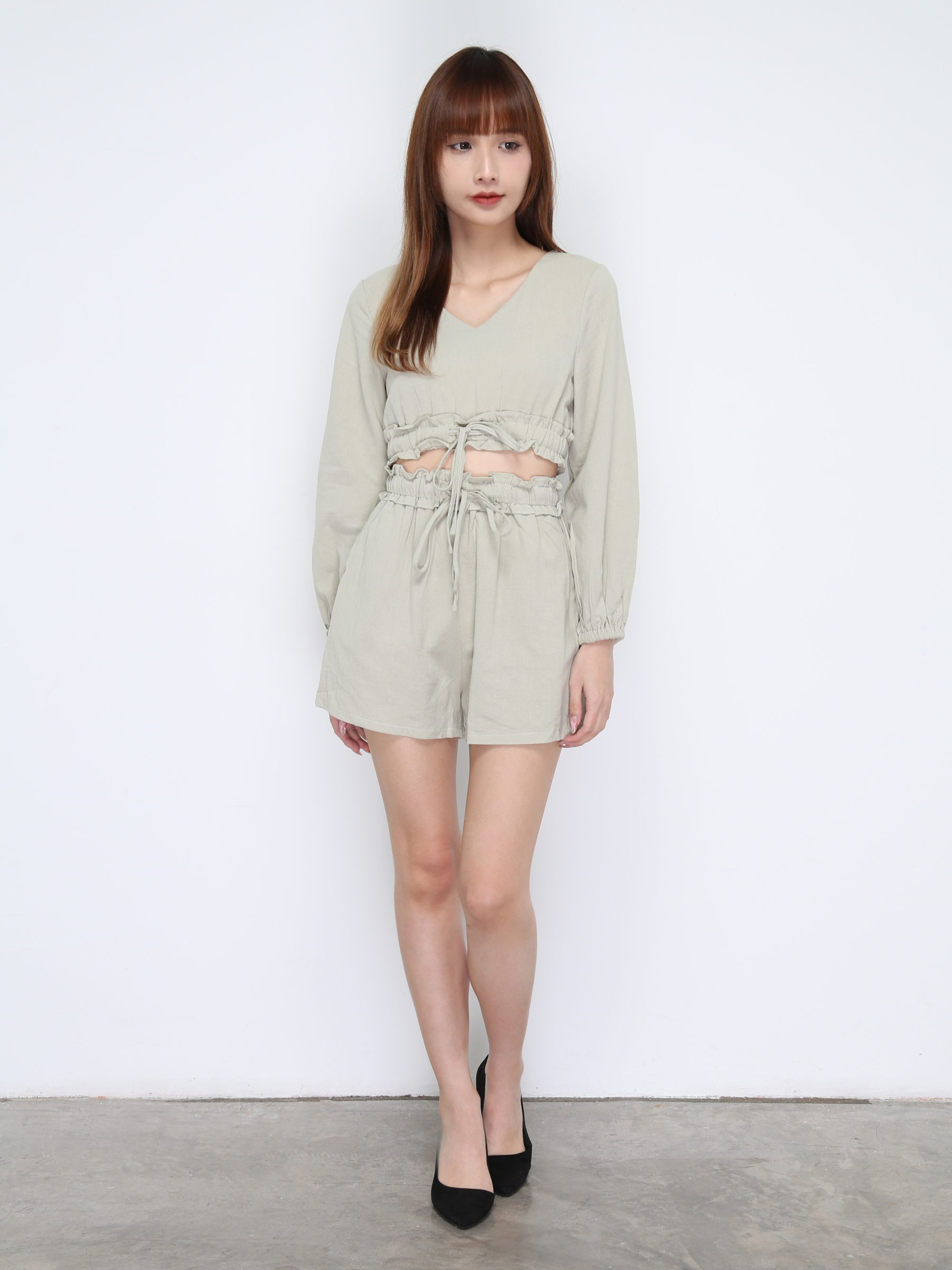 V Neck Waist Drawstring Set 21112