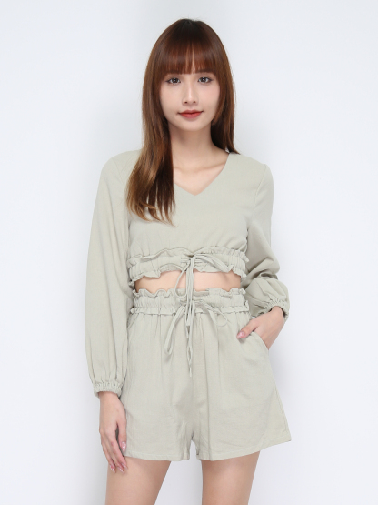 V Neck Waist Drawstring Set 21112
