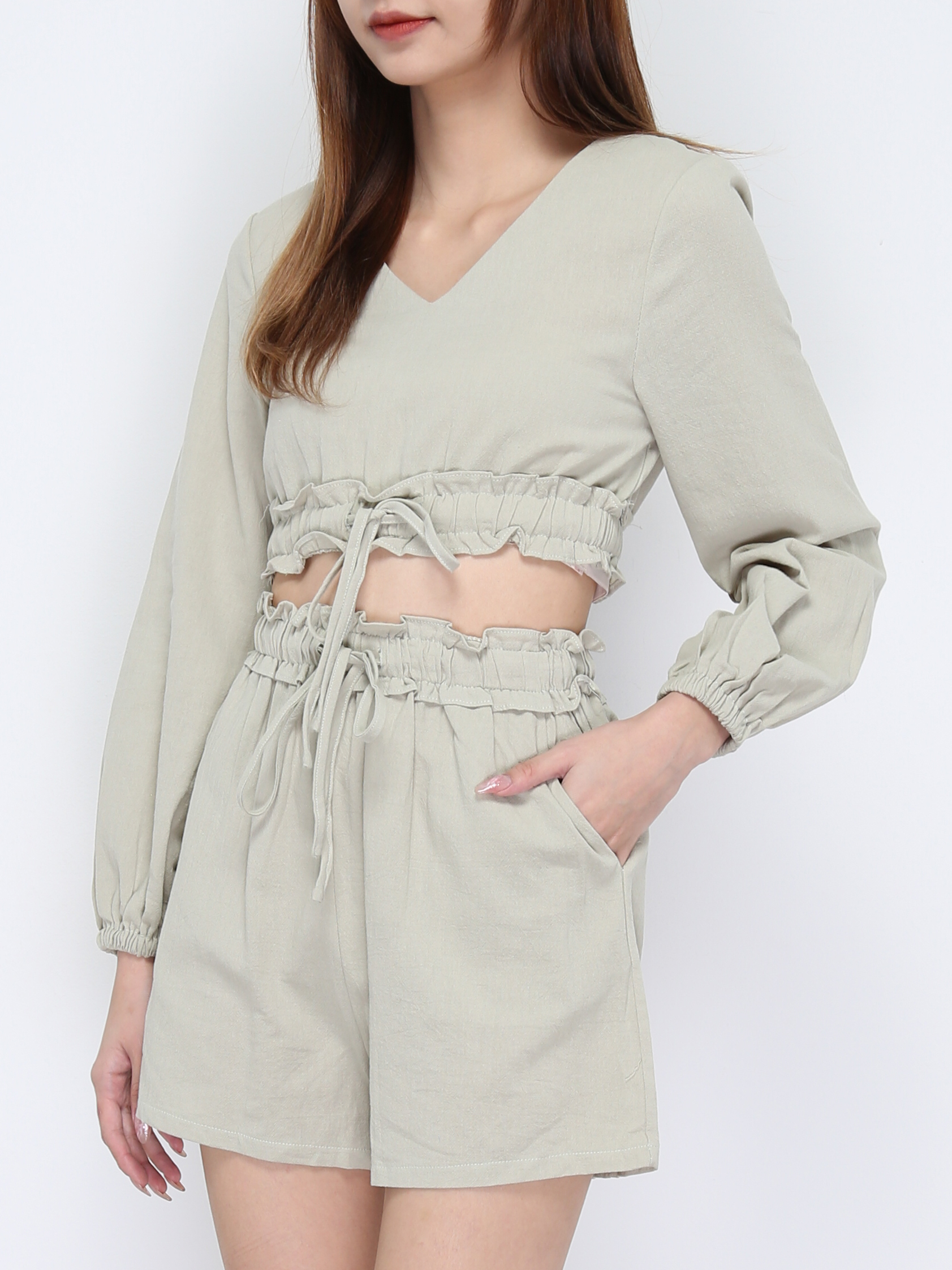 V Neck Waist Drawstring Set 21112