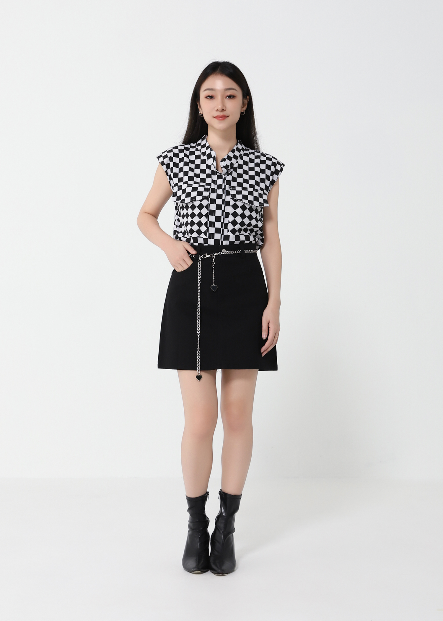 Checker Front Button Top 21148