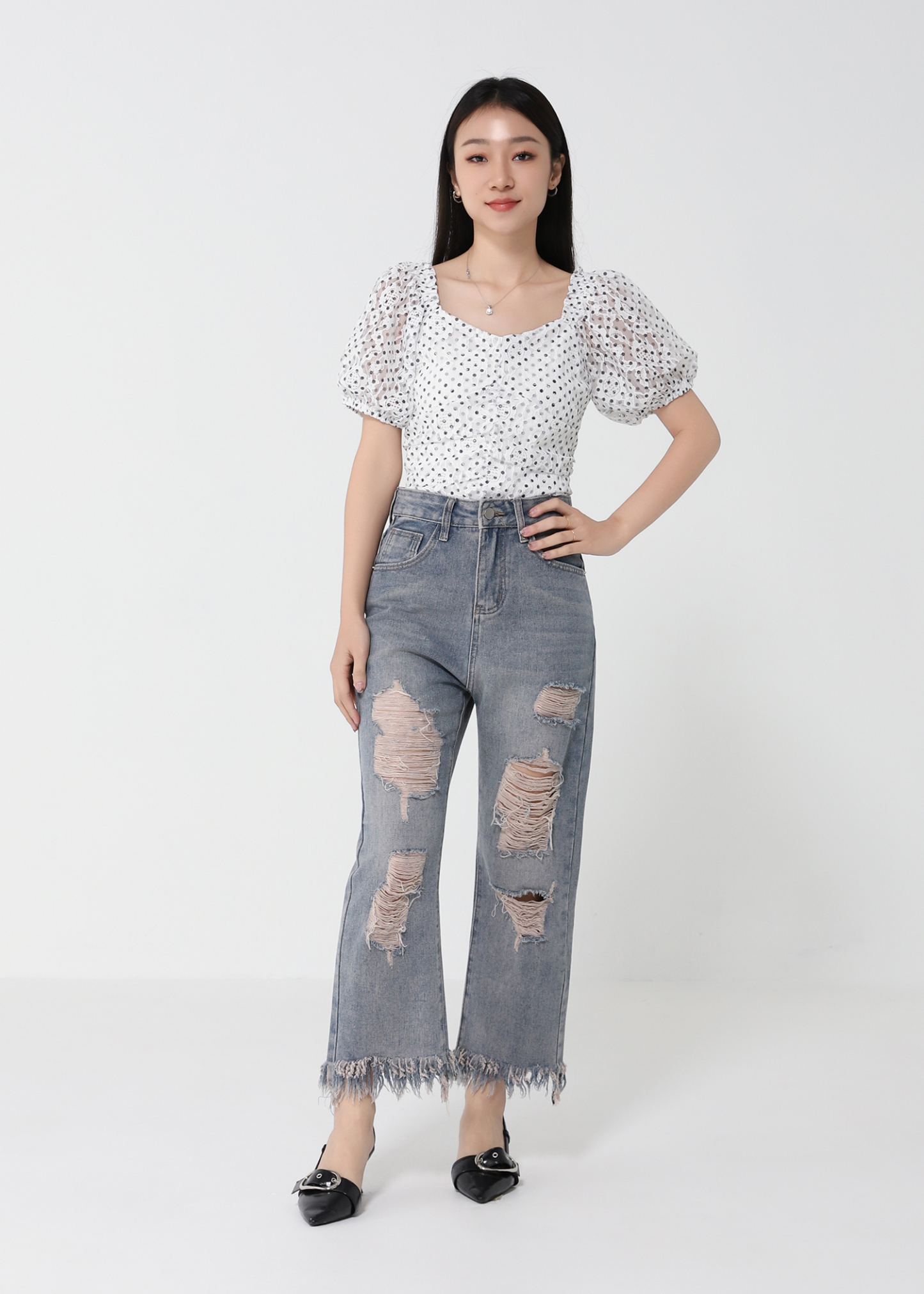 Sweetheart Neckline Puff Sleeve Polka Dot Top 21179