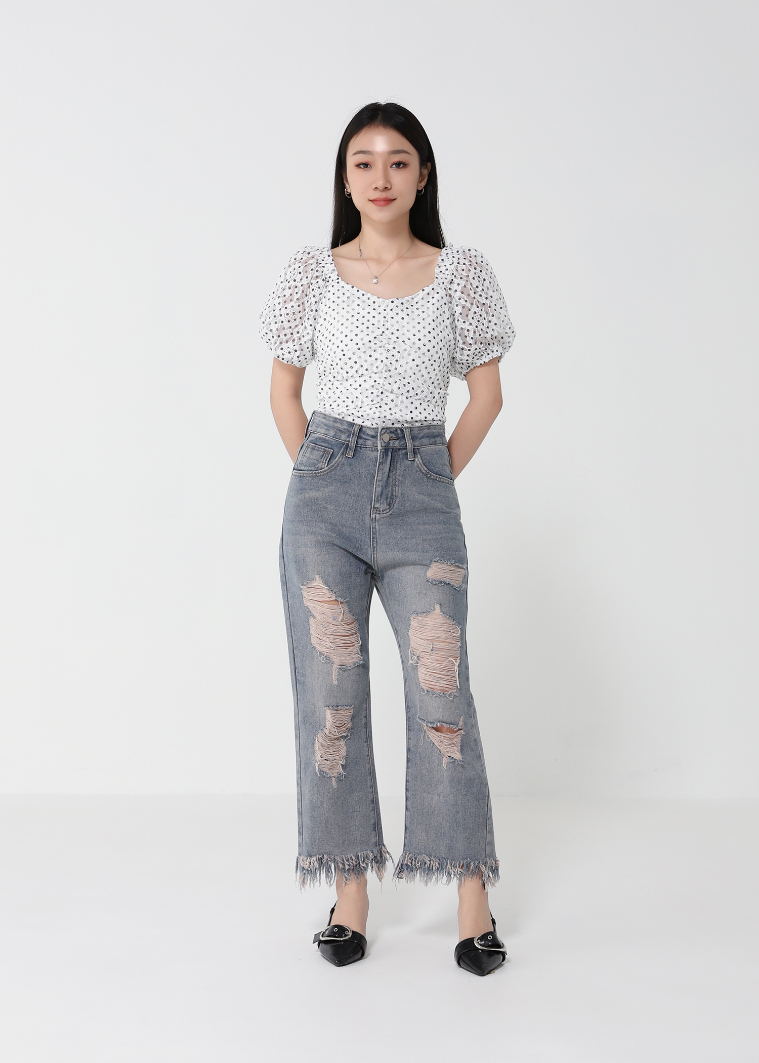 Sweetheart Neckline Puff Sleeve Polka Dot Top 21179