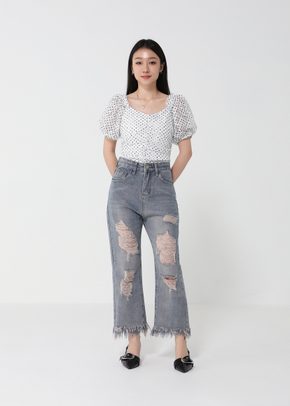 Sweetheart Neckline Puff Sleeve Polka Dot Top 21179