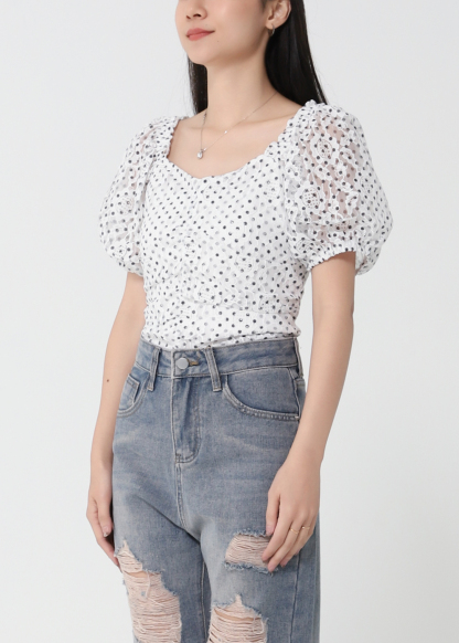 Sweetheart Neckline Puff Sleeve Polka Dot Top 21179