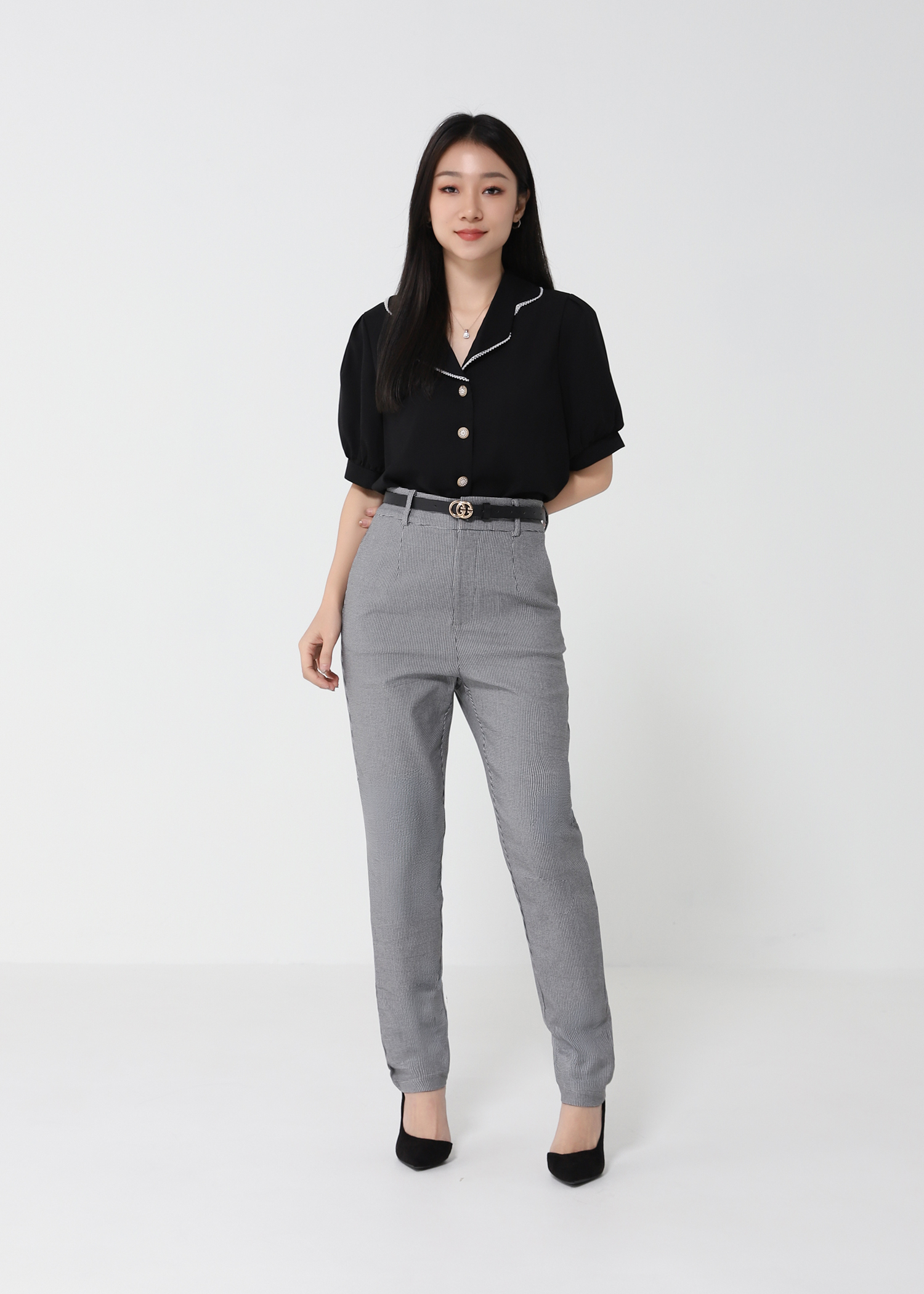 High Waist Checker Long Pants 22064