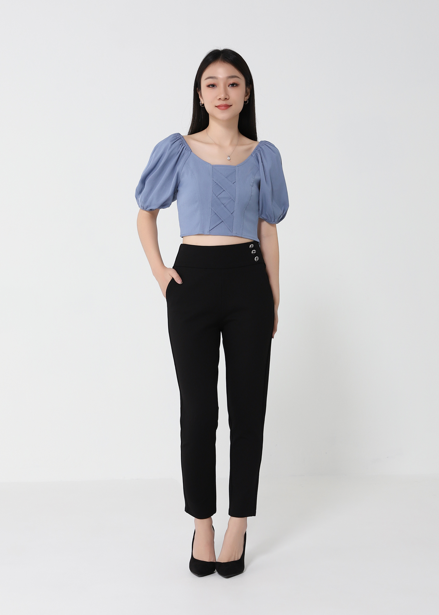 Puff Sleeve Decorative Cross Top 21234