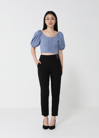 Puff Sleeve Decorative Cross Top 21234