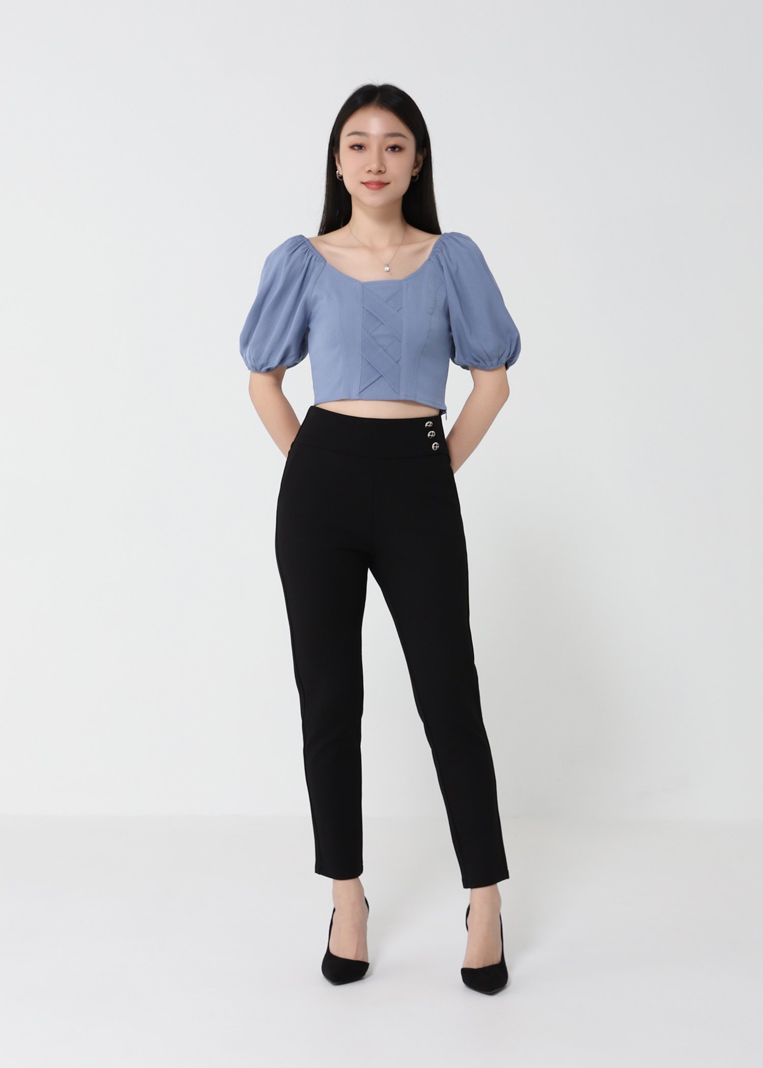Puff Sleeve Decorative Cross Top 21234
