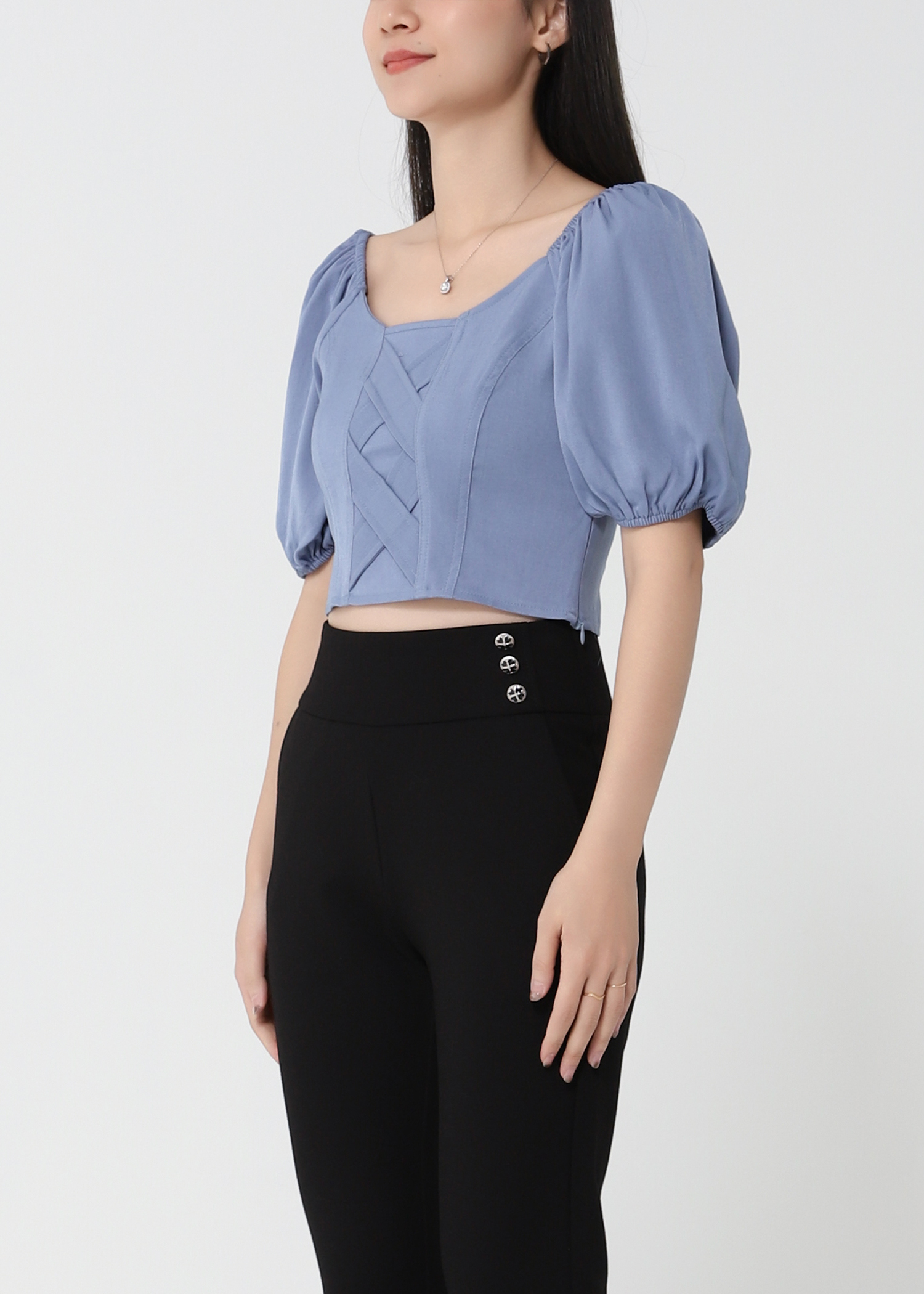 Puff Sleeve Decorative Cross Top 21234