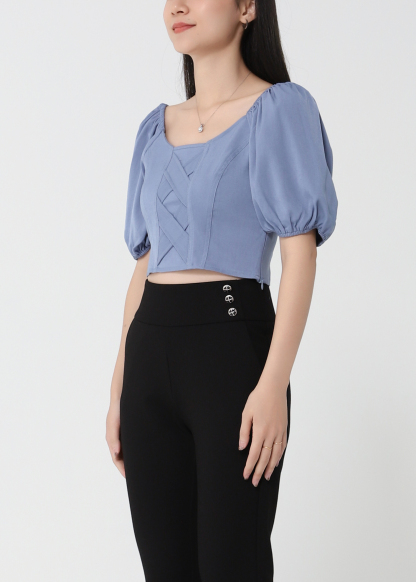 Puff Sleeve Decorative Cross Top 21234