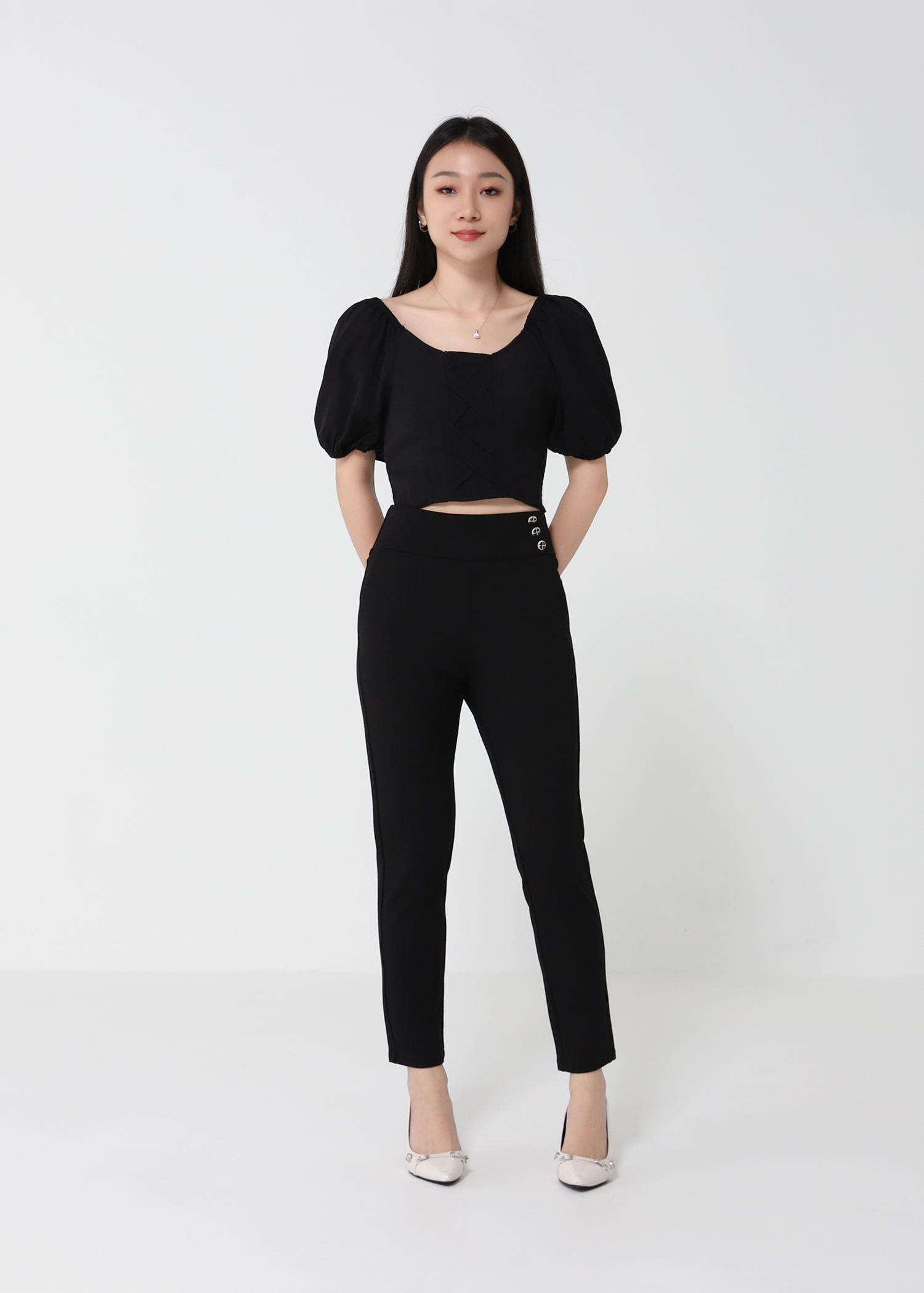 Puff Sleeve Decorative Cross Top 21234