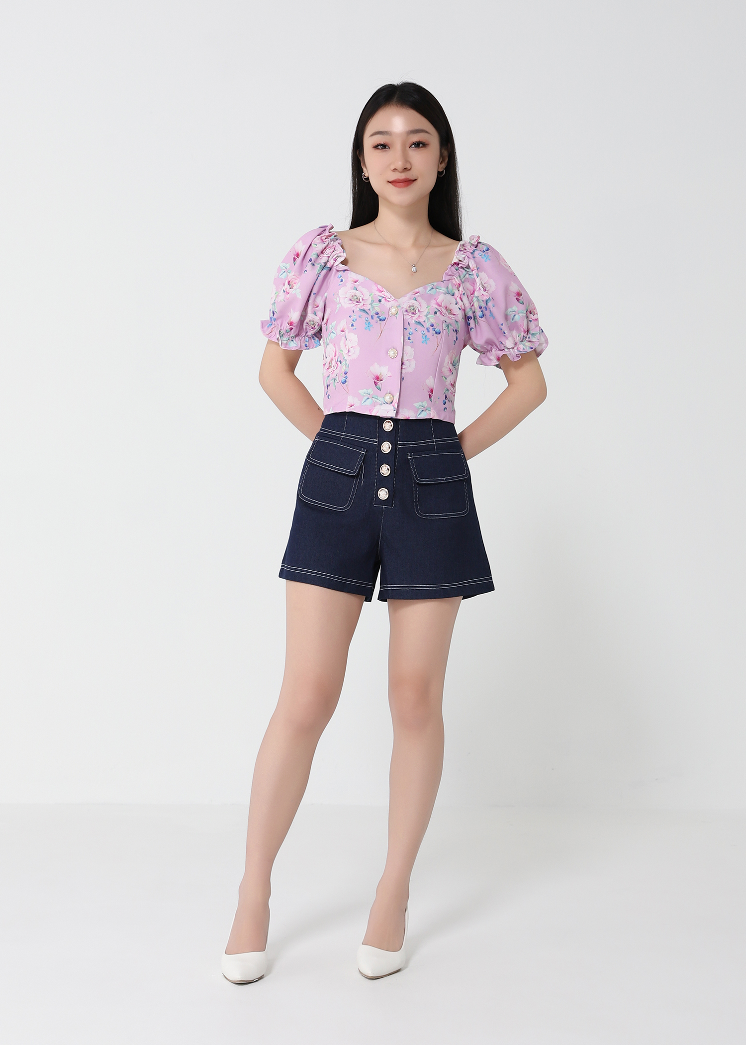Floral Puff Sleeve With Denim Pants Set 21379