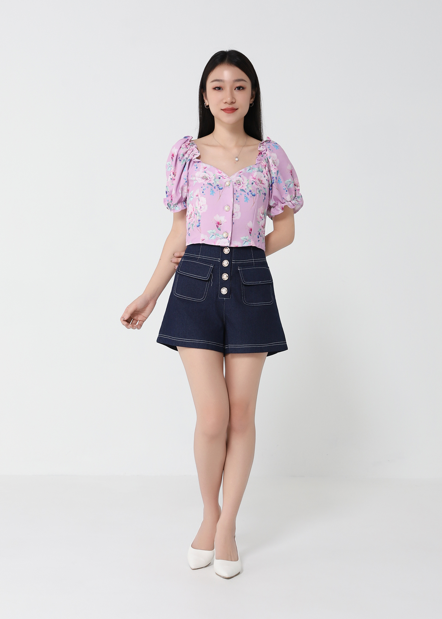 Floral Puff Sleeve With Denim Pants Set 21379