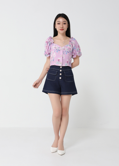 Floral Puff Sleeve With Denim Pants Set 21379