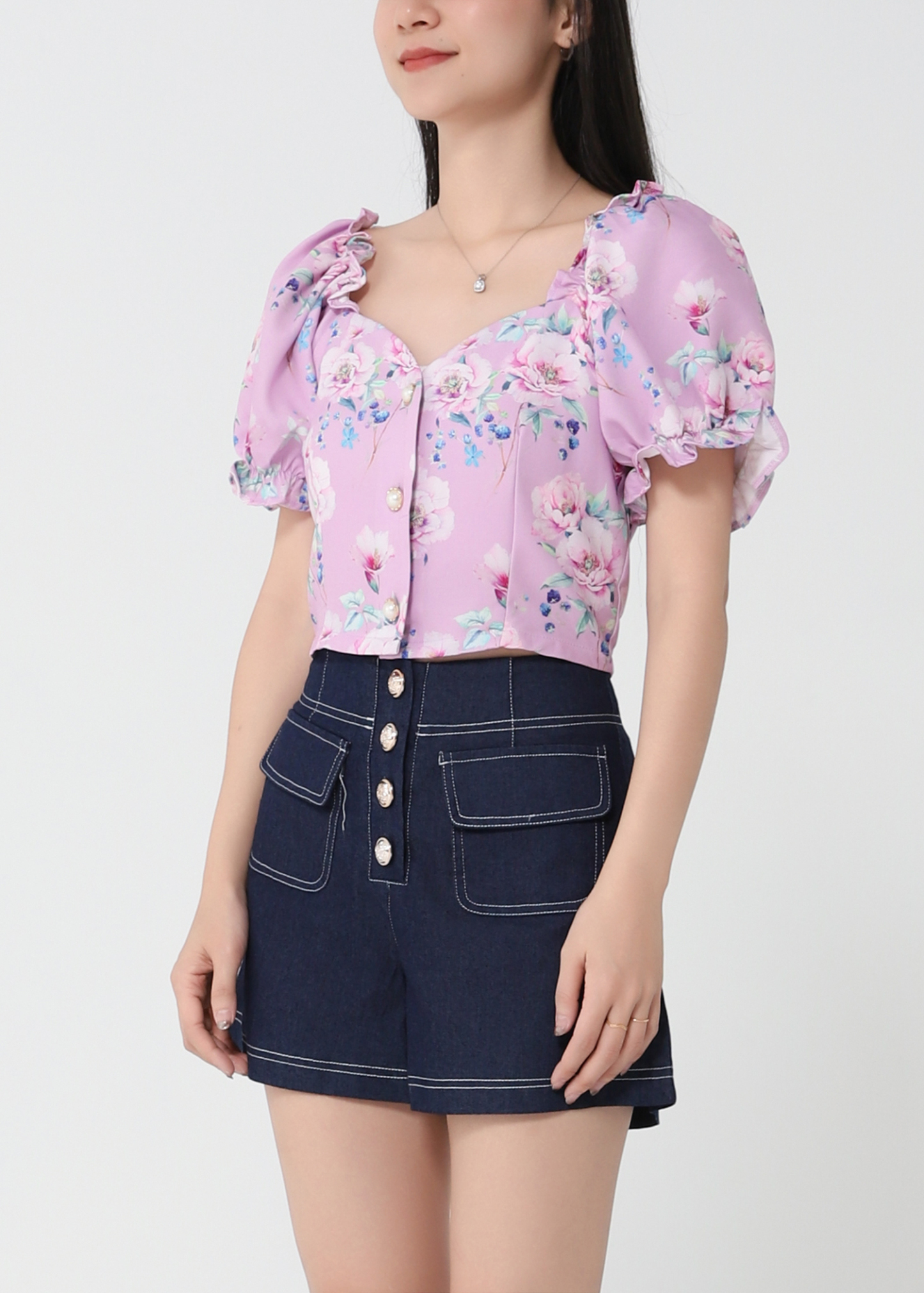 Floral Puff Sleeve With Denim Pants Set 21379