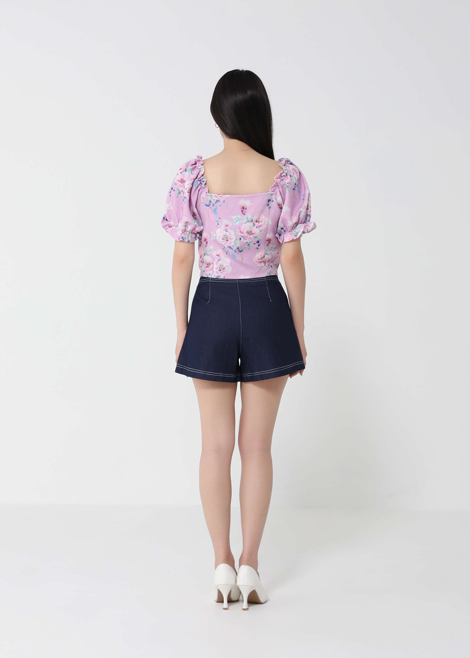 Floral Puff Sleeve With Denim Pants Set 21379