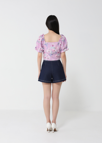 Floral Puff Sleeve With Denim Pants Set 21379