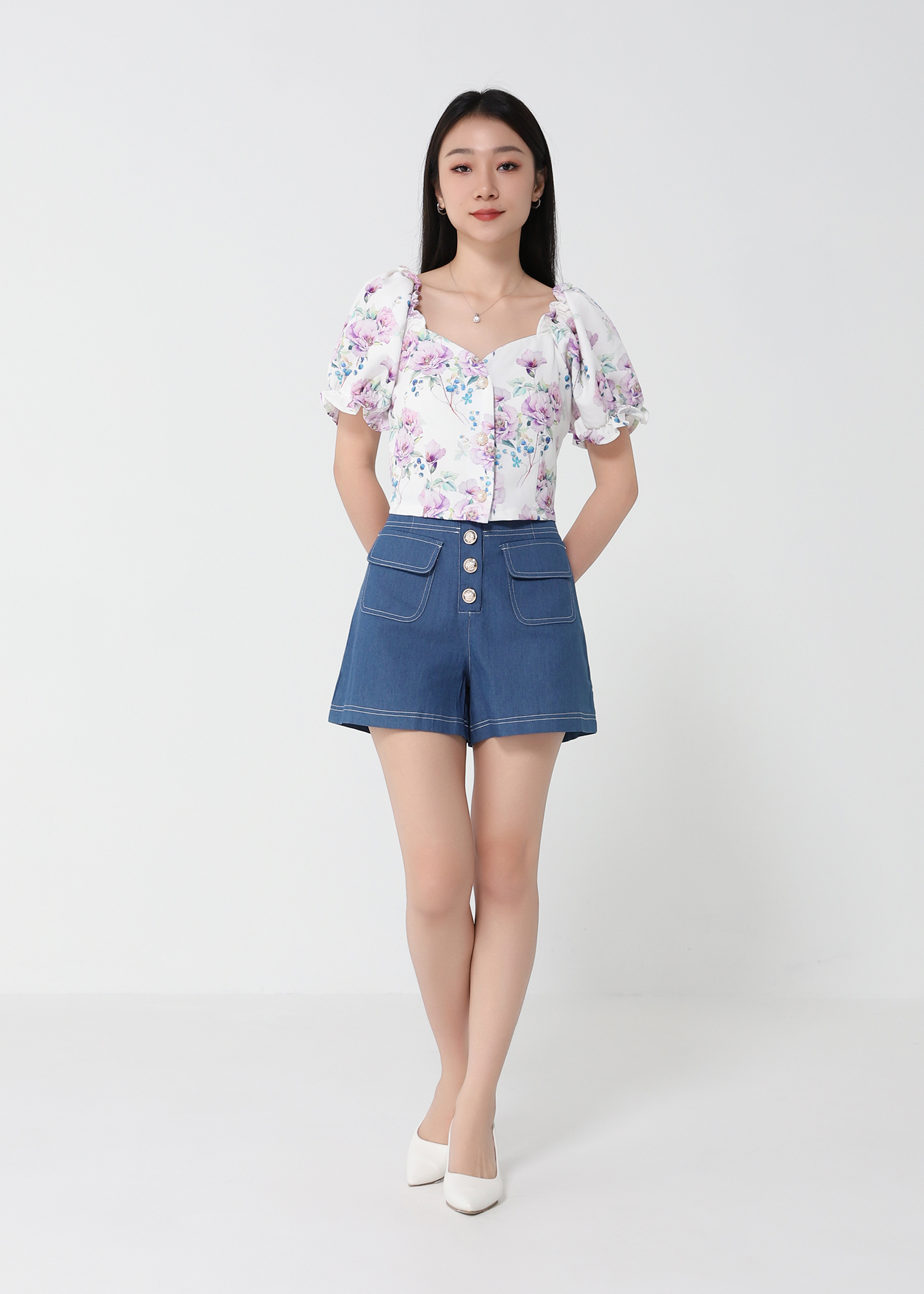 Floral Puff Sleeve With Denim Pants Set 21379