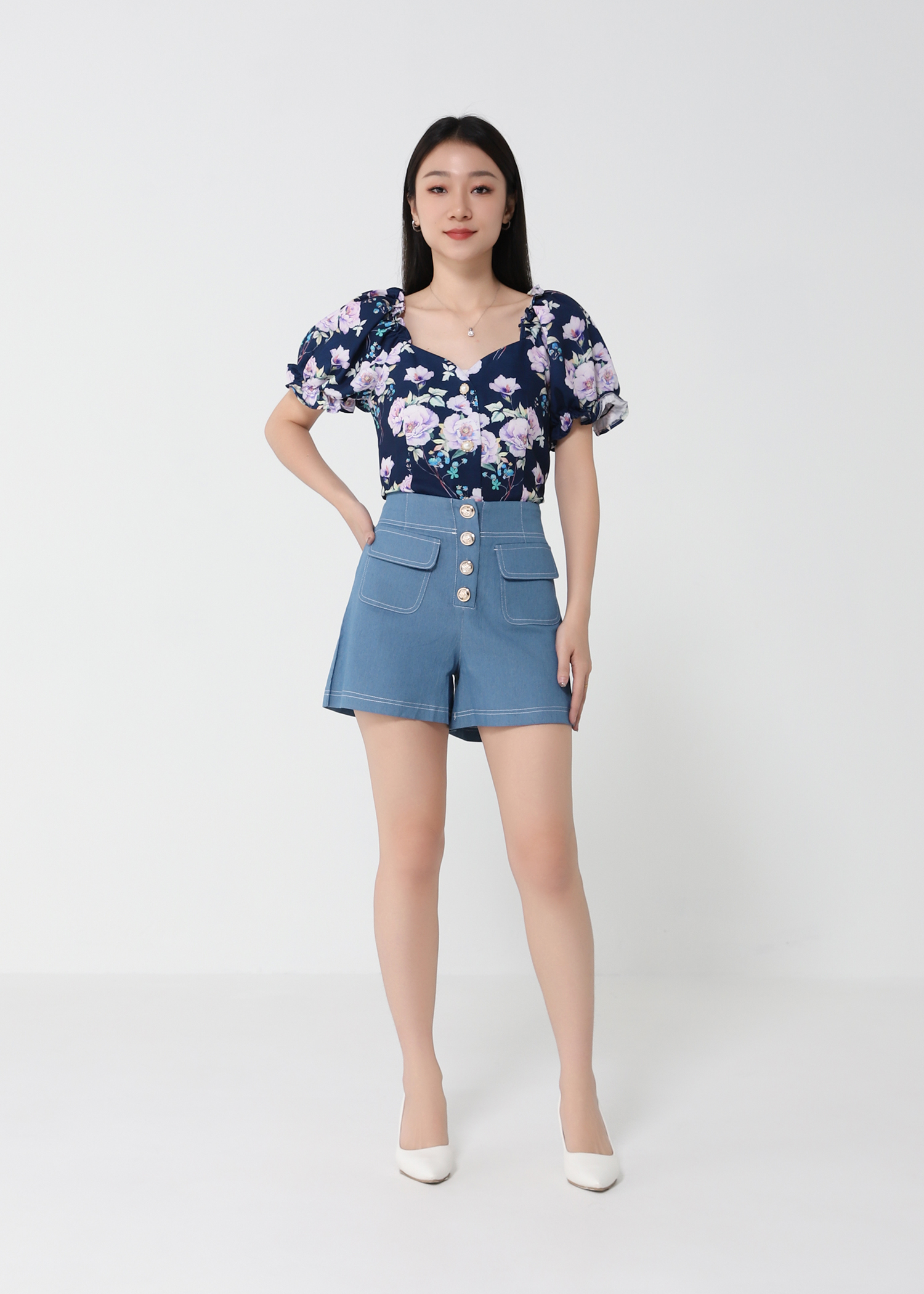 Floral Puff Sleeve With Denim Pants Set 21379