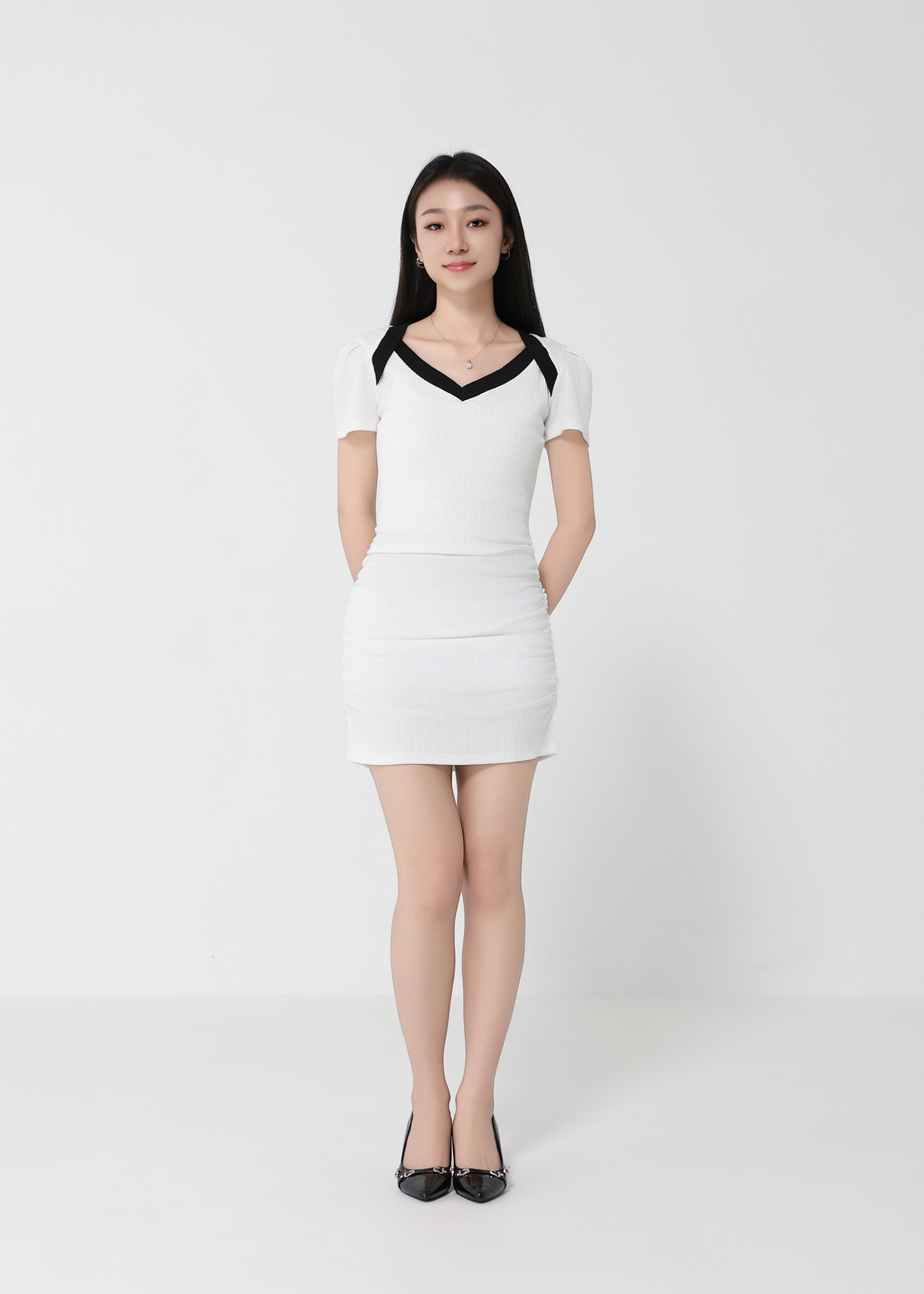 V Neck Short Sleeve With Side Pleated Dress 21393