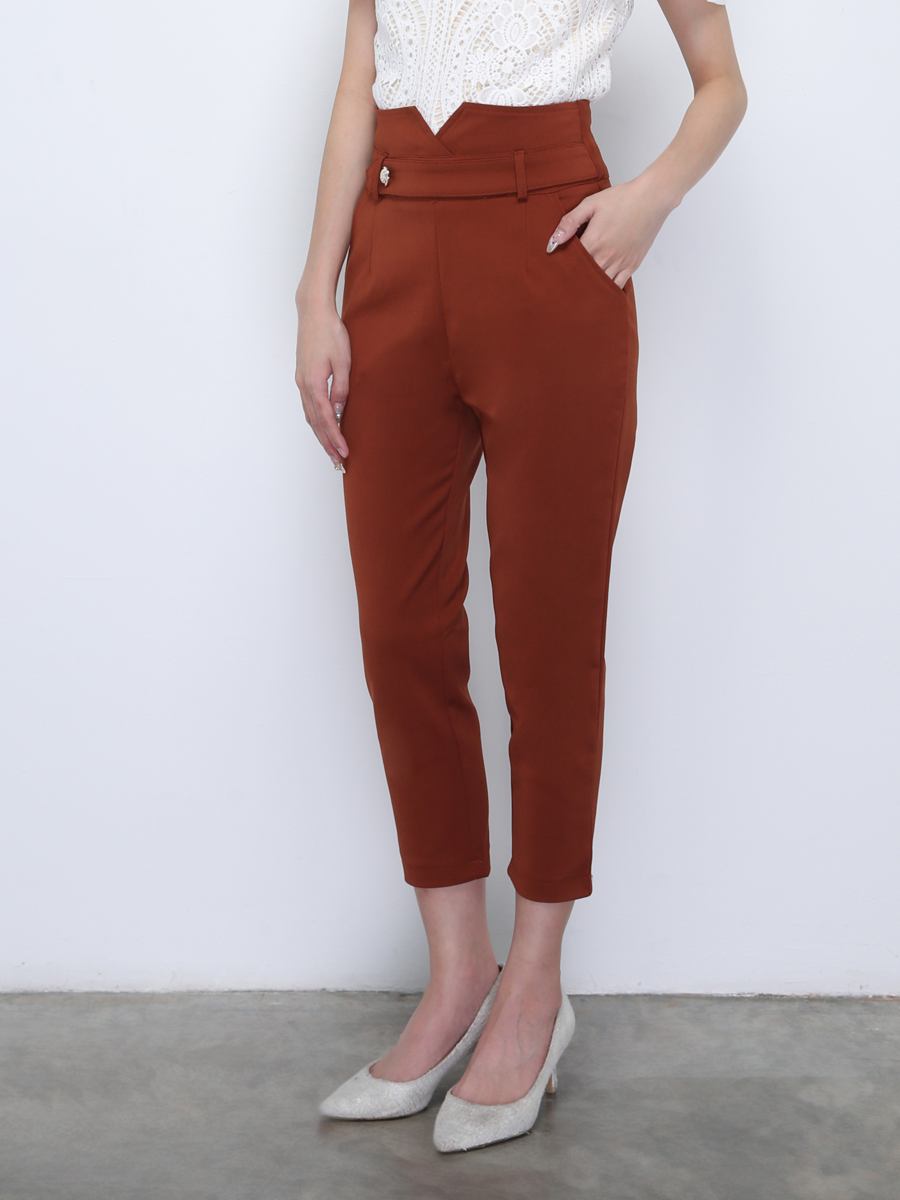 High Waist Decorative Button Long Pants 21809