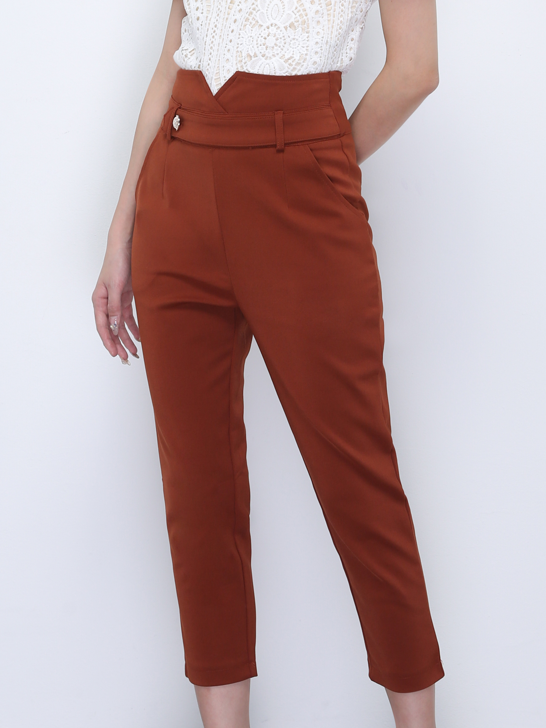 High Waist Decorative Button Long Pants 21809