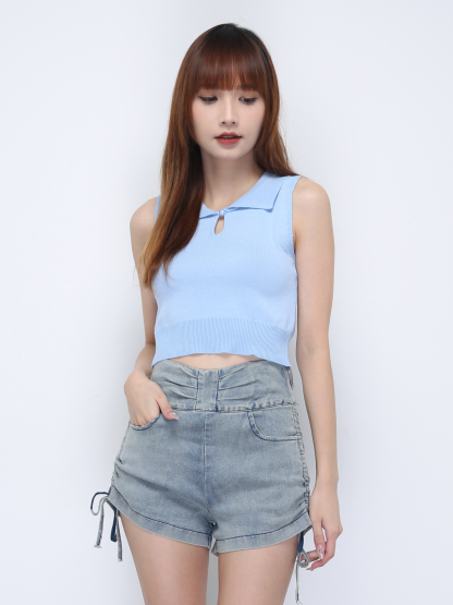 High Waist Denim With Side Drawstring Short Pants 21740
