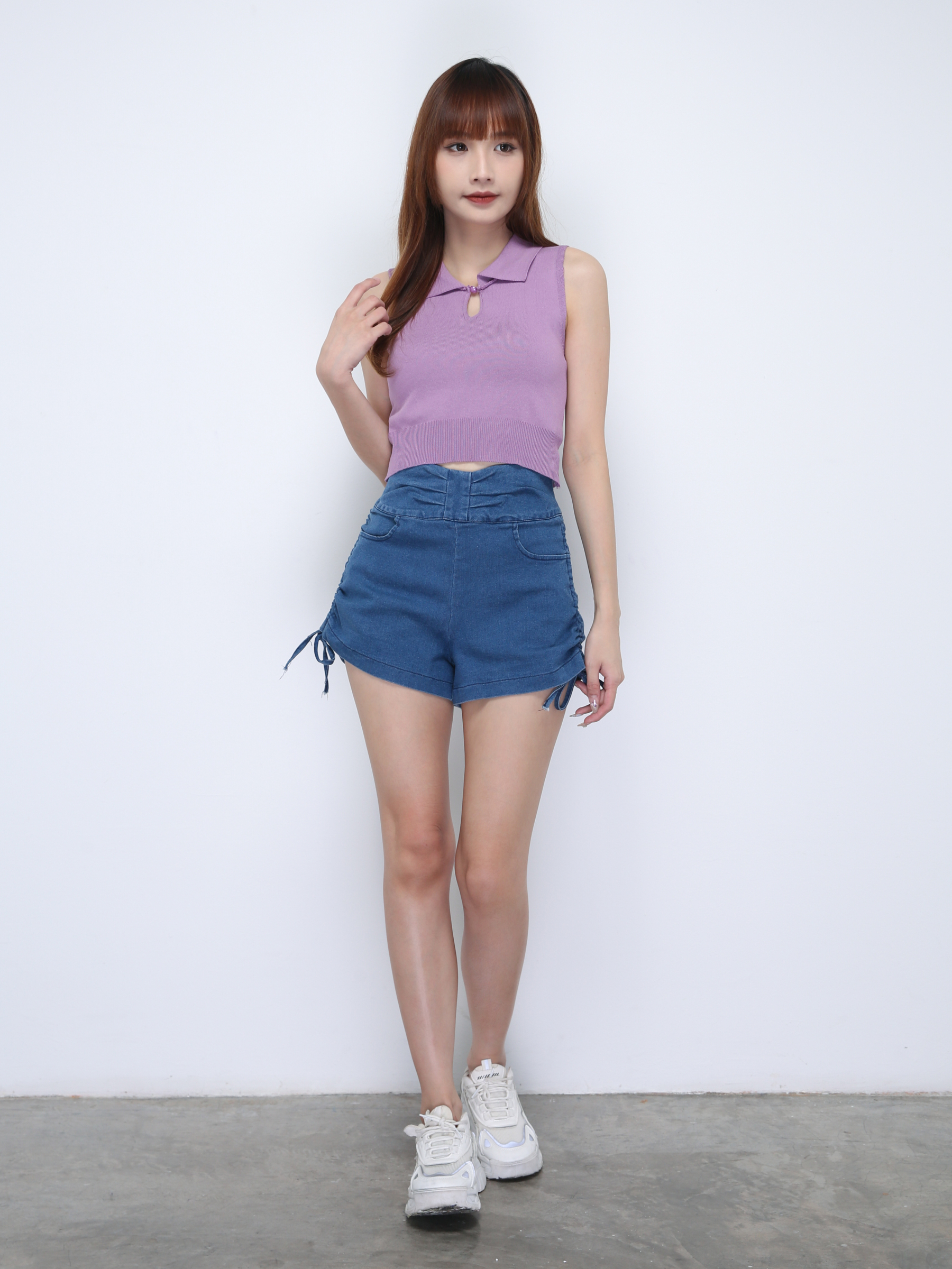 High Waist Denim With Side Drawstring Short Pants 21740