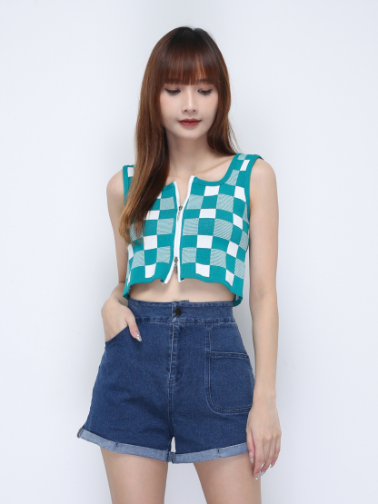 Knitted Checker Strap With Front Zip Top 21788