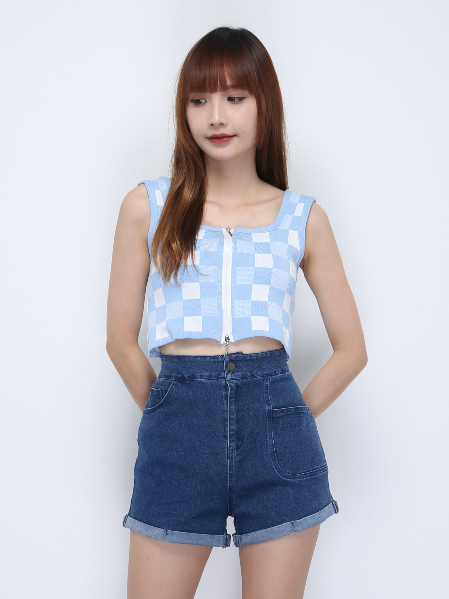 Knitted Checker Strap With Front Zip Top 21788