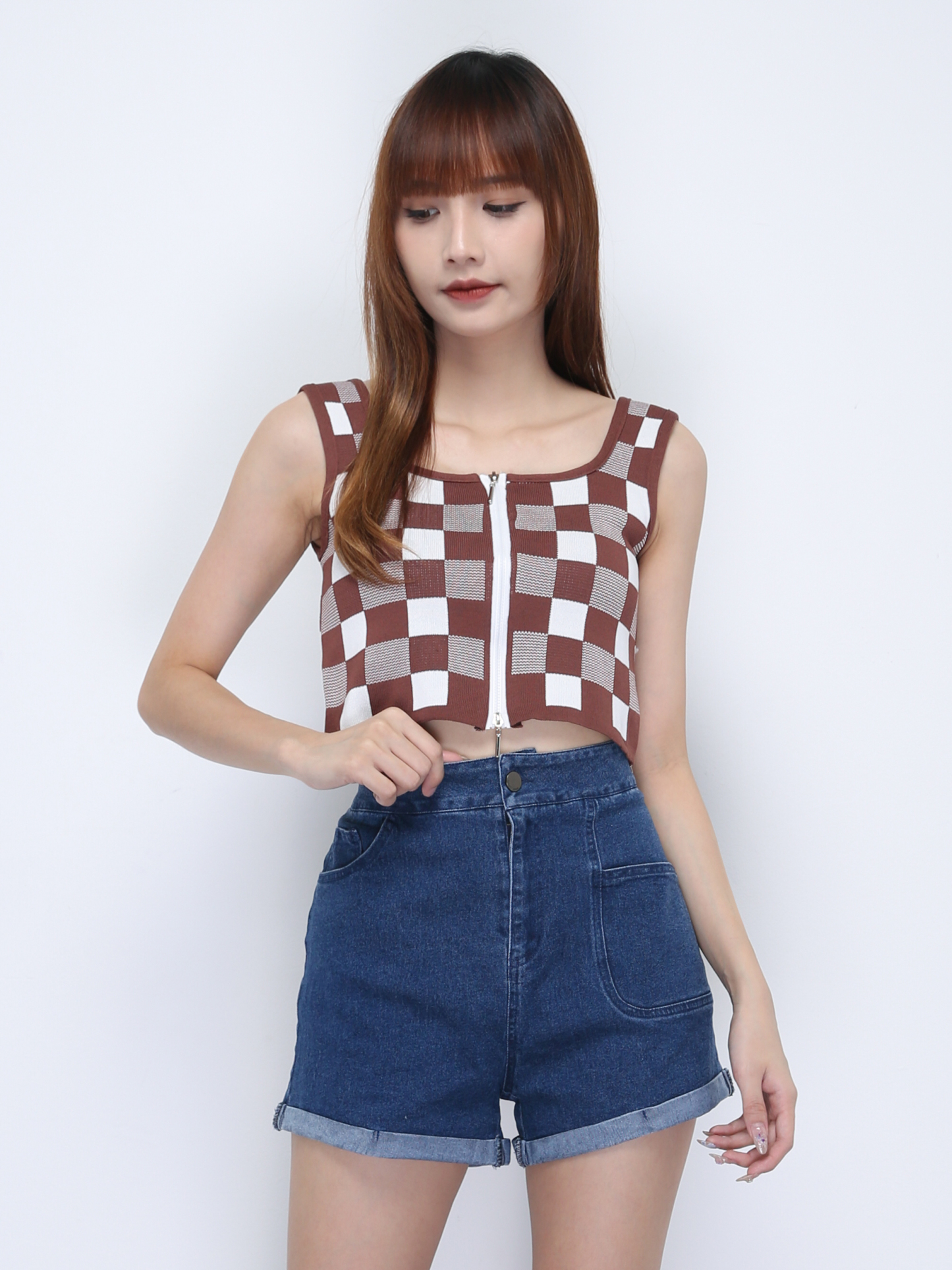 Knitted Checker Strap With Front Zip Top 21788