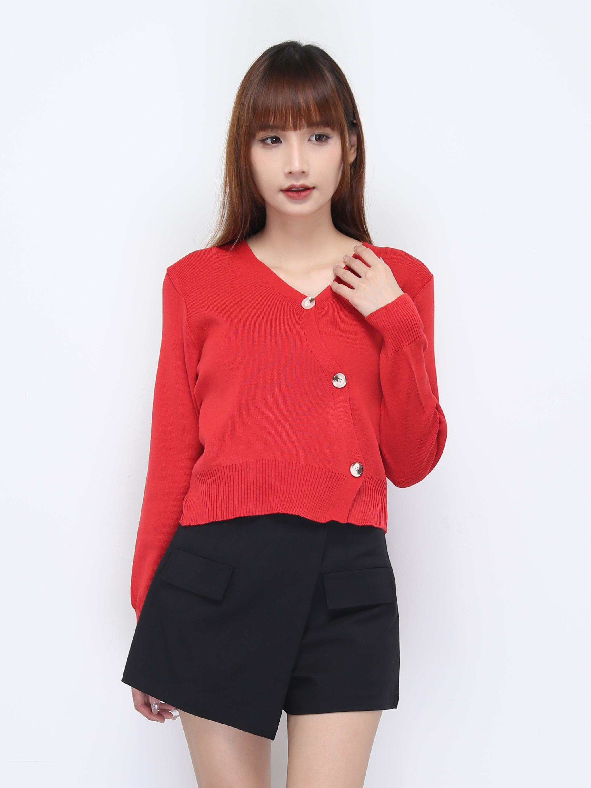 Knitted Sling Button Long Sleeve Top 21798