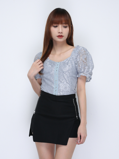 Puff Sleeve Lace With Button Top 21806