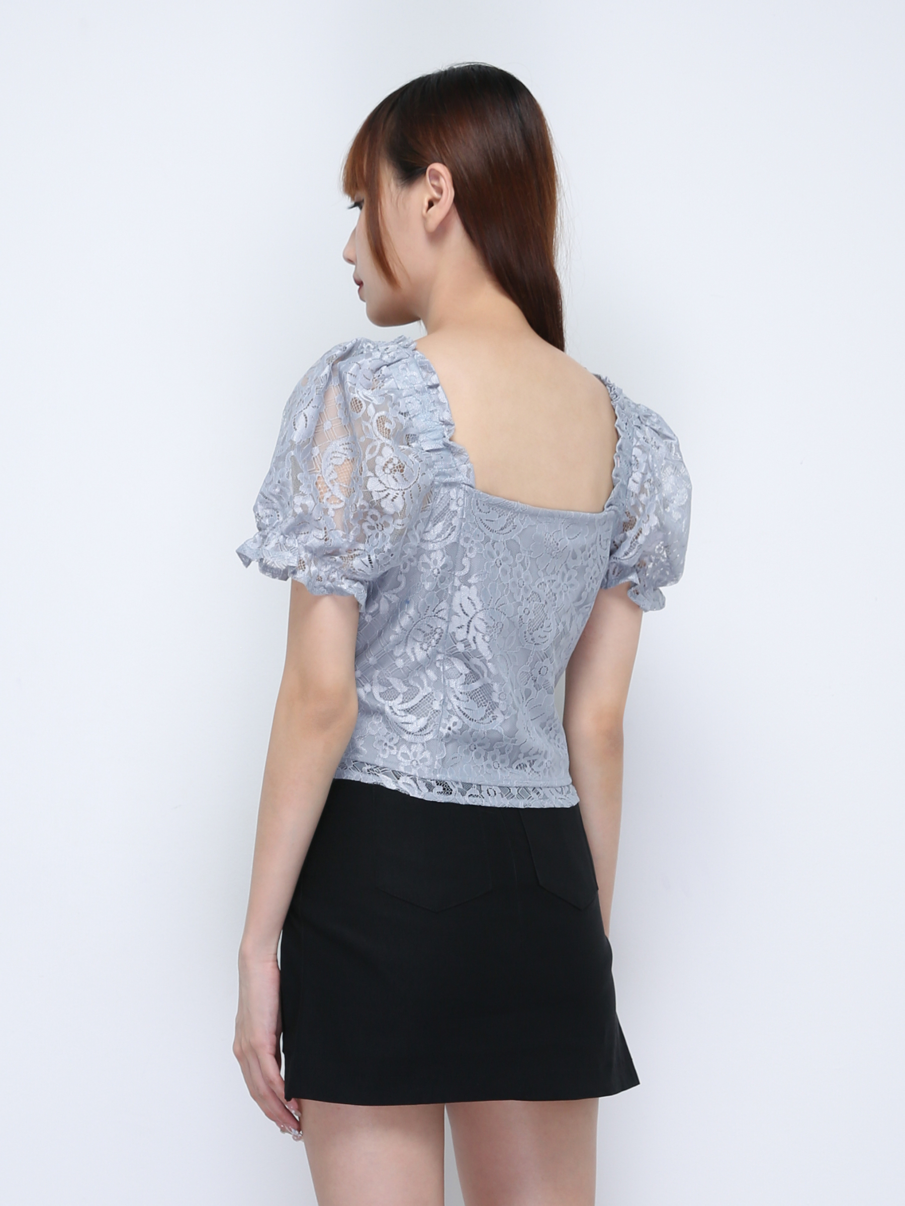 Puff Sleeve Lace With Button Top 21806