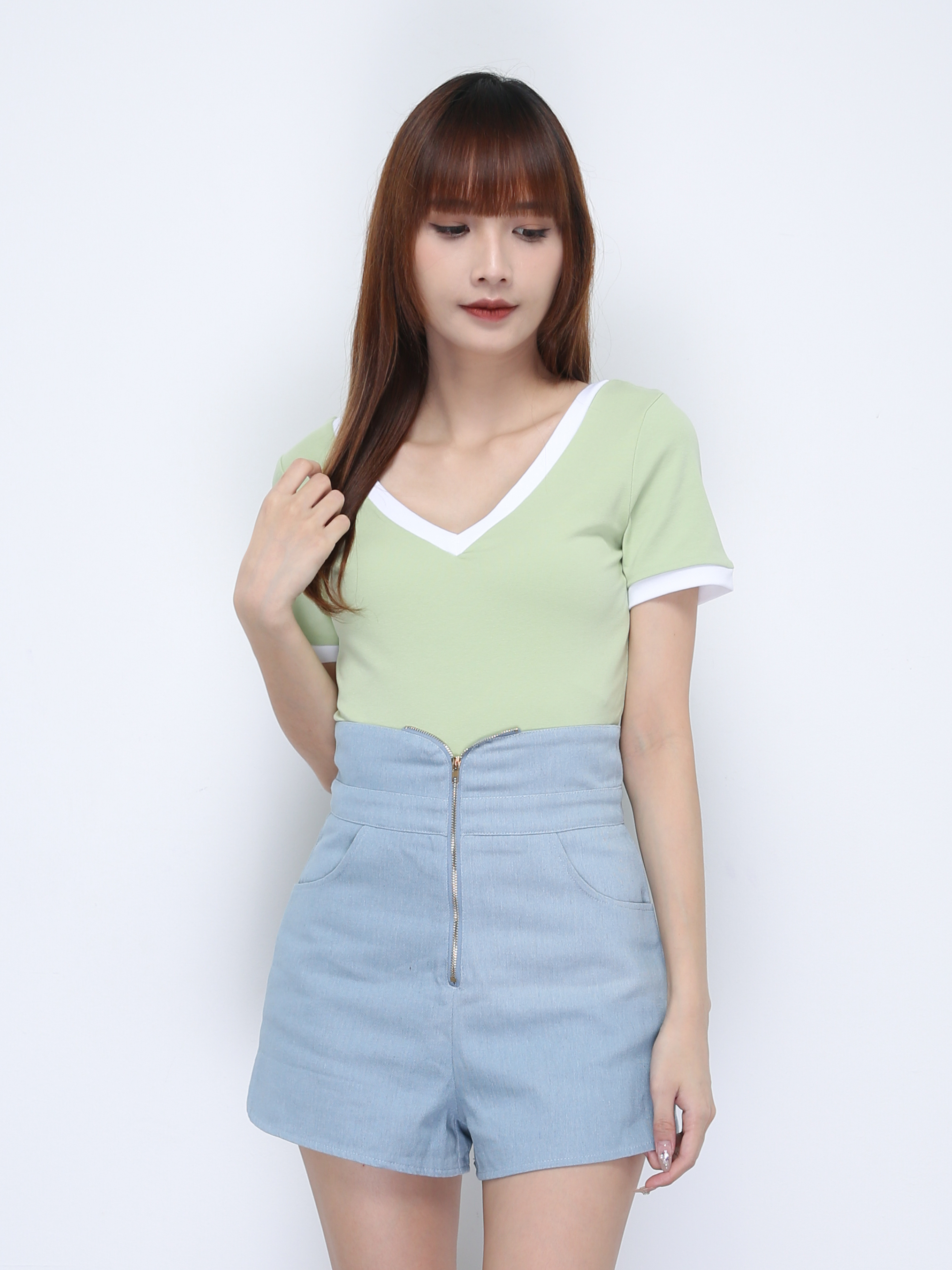 Denim High Waist Front Zip Short Pants 21964