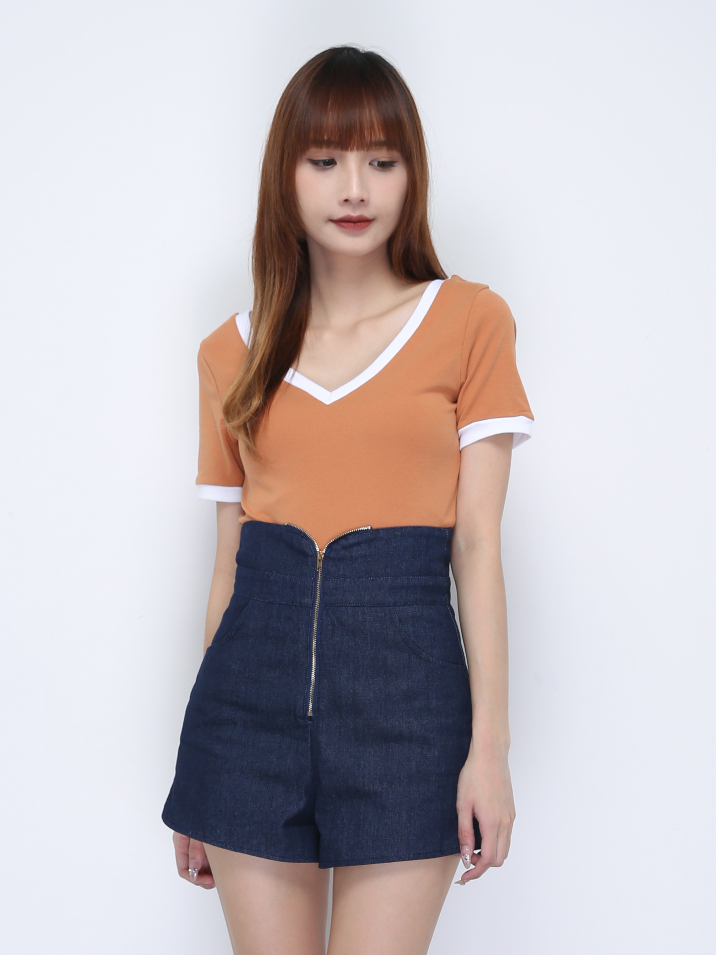 Denim High Waist Front Zip Short Pants 21964