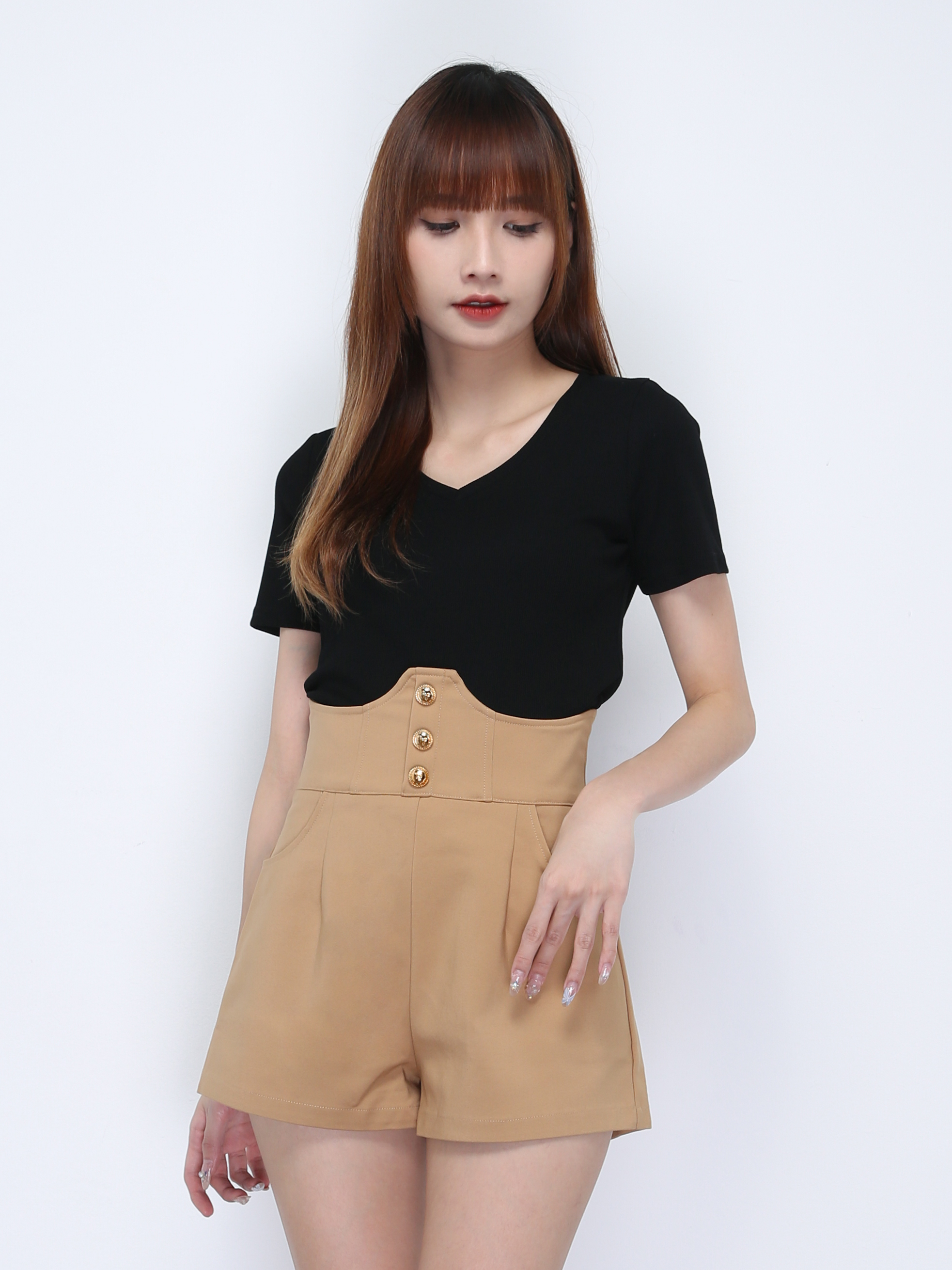 High Waist Front Decorative Button Short Pants 22056