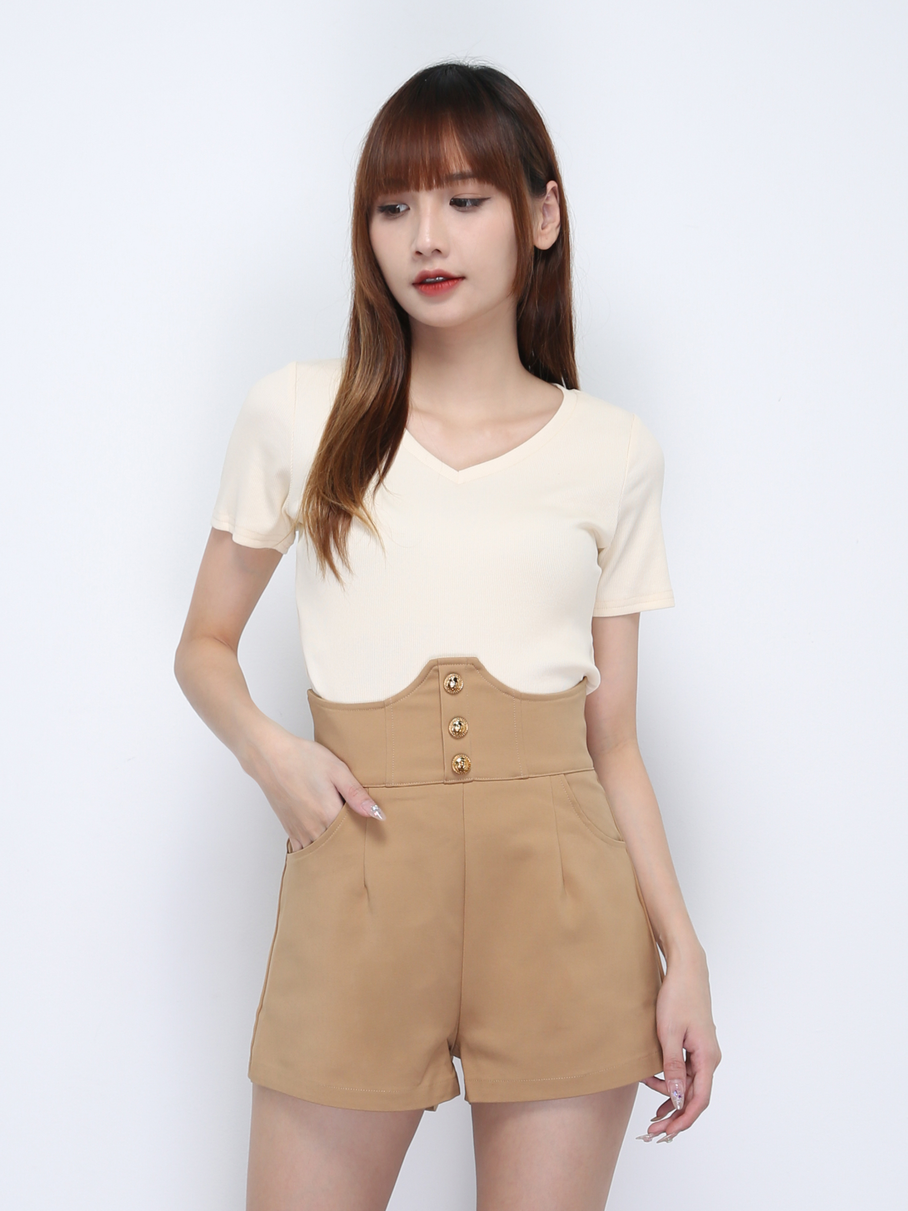 V Neck Short Sleeve Plain Top 21848